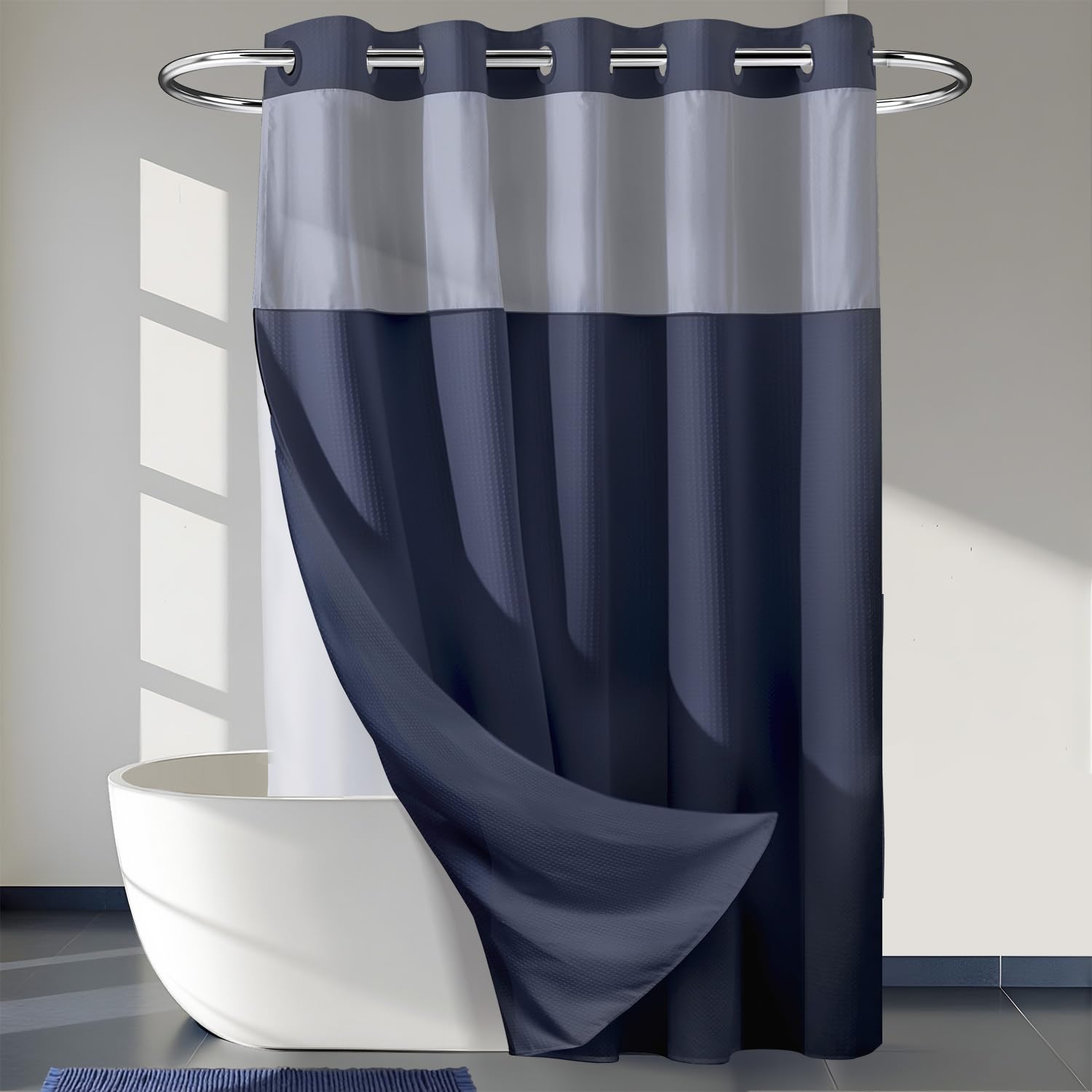 No Hooks Required Waffle Weave Shower Curtain with Snap in Liner - 71W x 74H Hotel Grade Spa Like Bath Curtain Navy