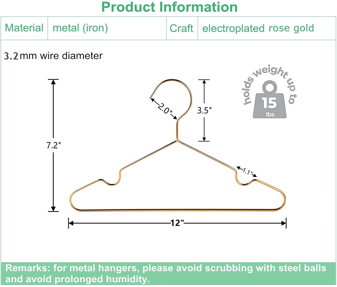 Amber Home 12'' Rose Gold Kids Baby Hangers 20Pack, Strong Metal Children Clothes Hangers For Closet, Space Saving Infant Hanger