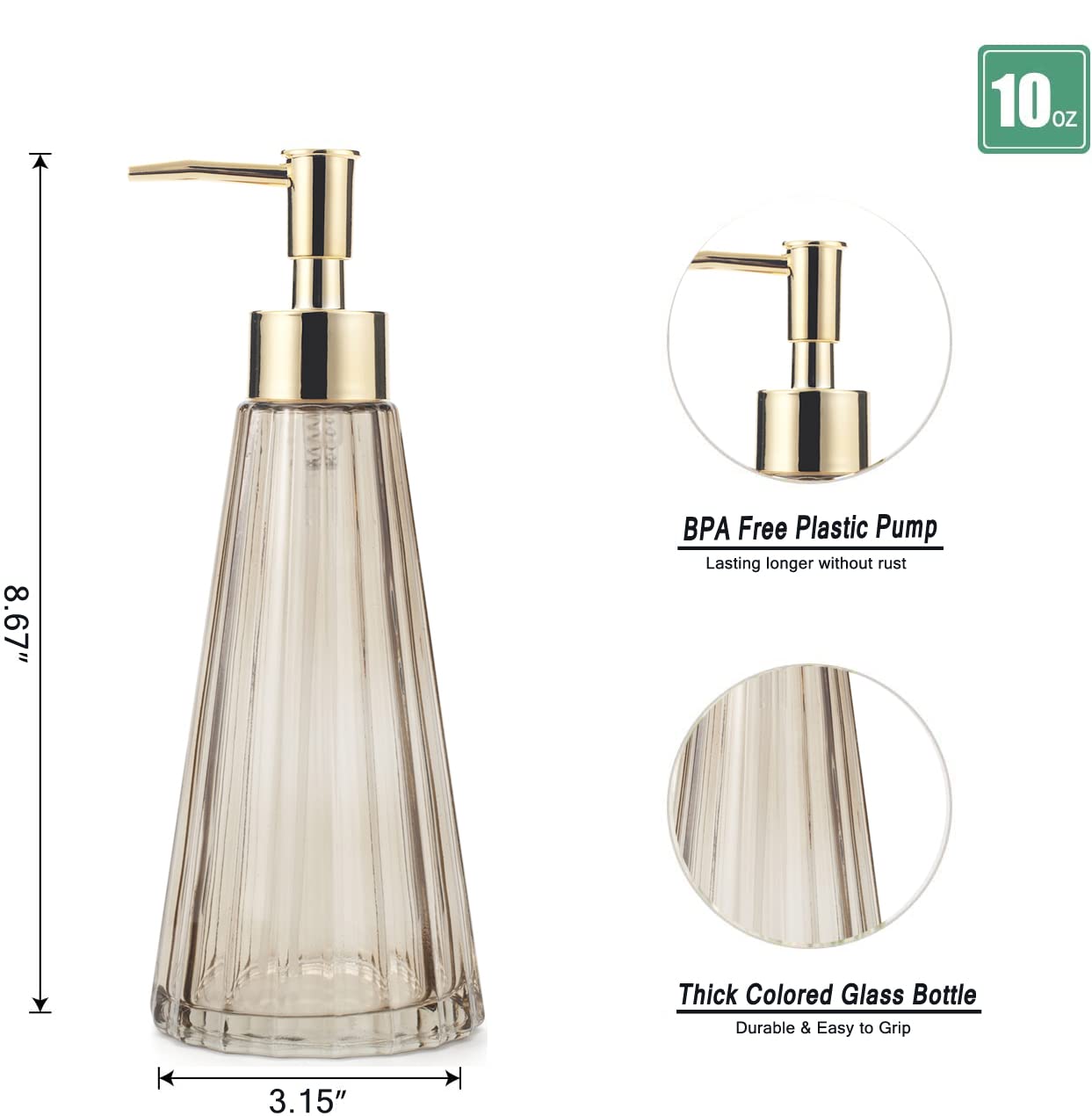 Ivailex 10Oz/300Ml Hand Soap Dispenser Bathroom, Kitchen Soap Dispenser, Glass Soap Dispenser With Gold Rust Proof Pump, Liquid