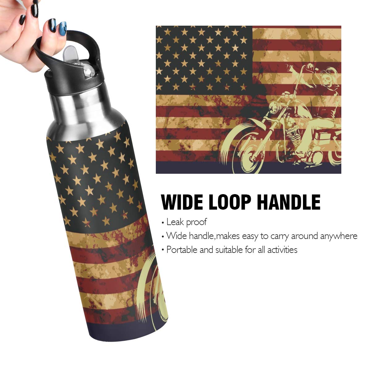 Keepreal Skull Motorcycle American Flag Water Bottle - Reusable Water Bottle For Gym Bike Running Cycling 600 Milliliter 22 Ounc