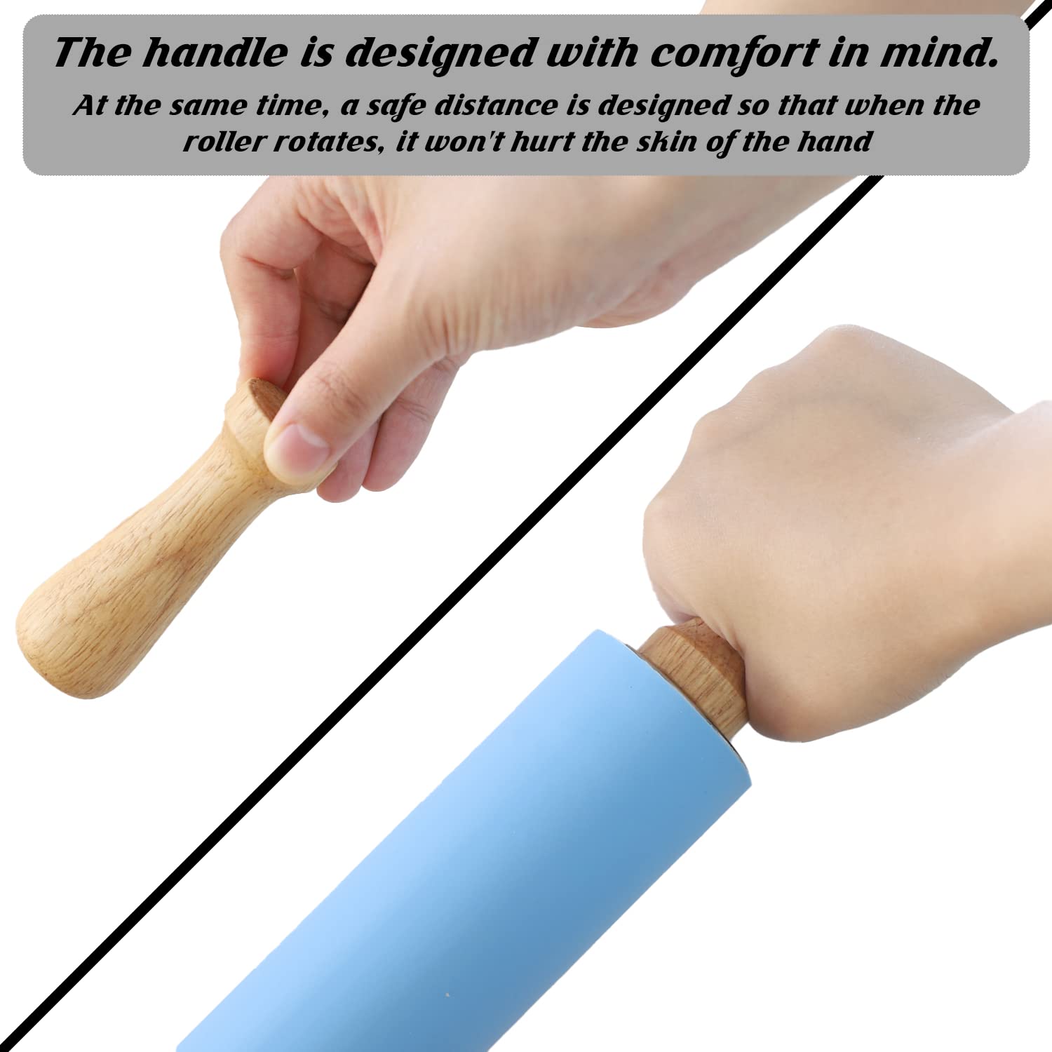 Honglida 15-Inch Silicone Rolling Pin For Baking, Stainless Steel Roller, Non-Stick Surface And Comfortable Wood Handles