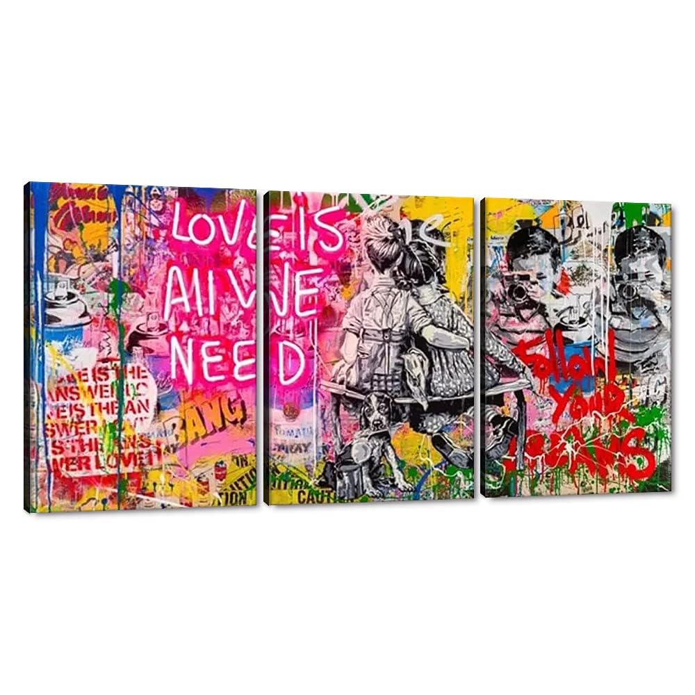 Mamago Banksy Graffiti Wall Art 3 Pieces Motivational Quote Love Is All We Need Canvas Print Poster For Living Room Bedroom Mode