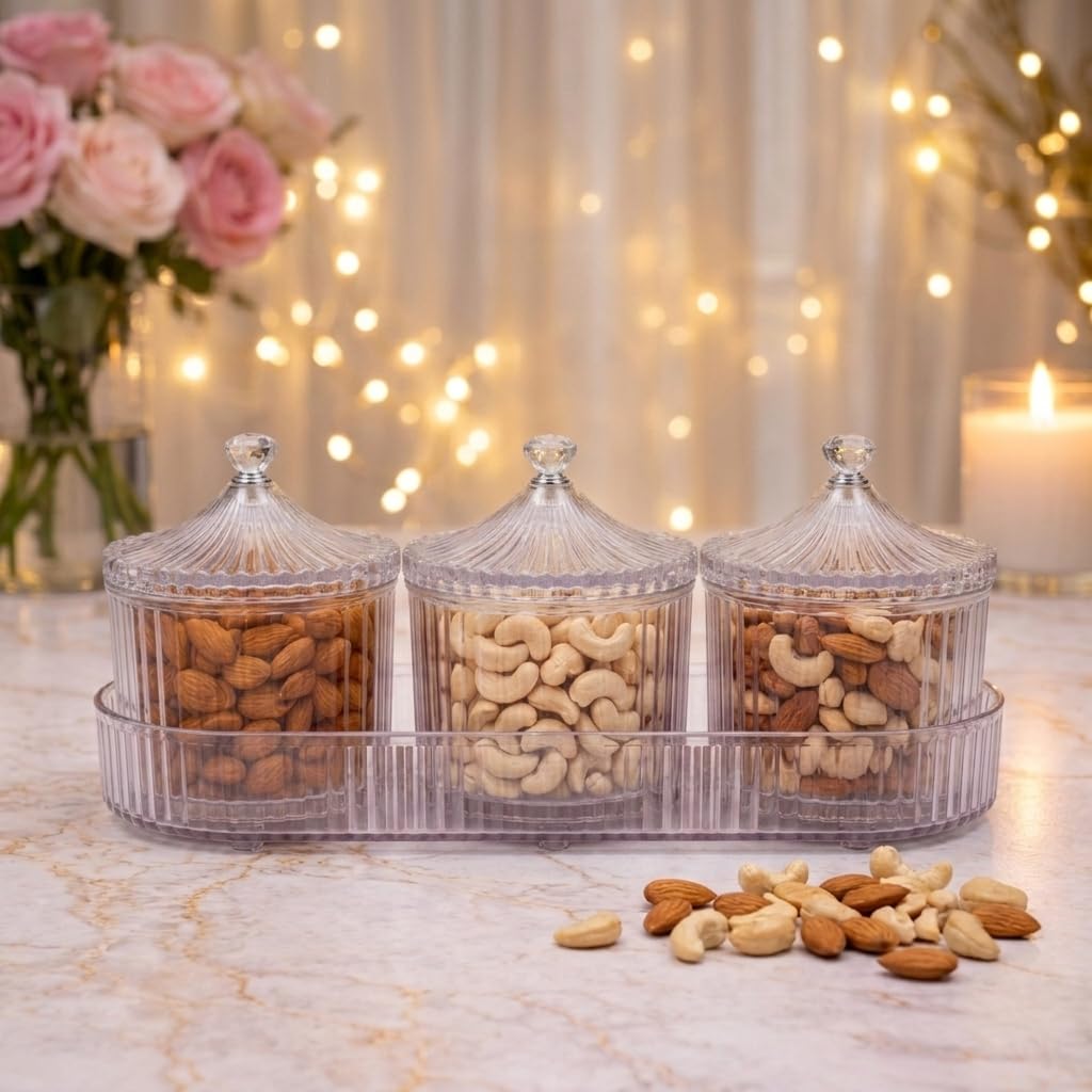 Jpiez Clear Acrylic Dry Fruit Jar Set With Tray, 3 Jars With Lids
