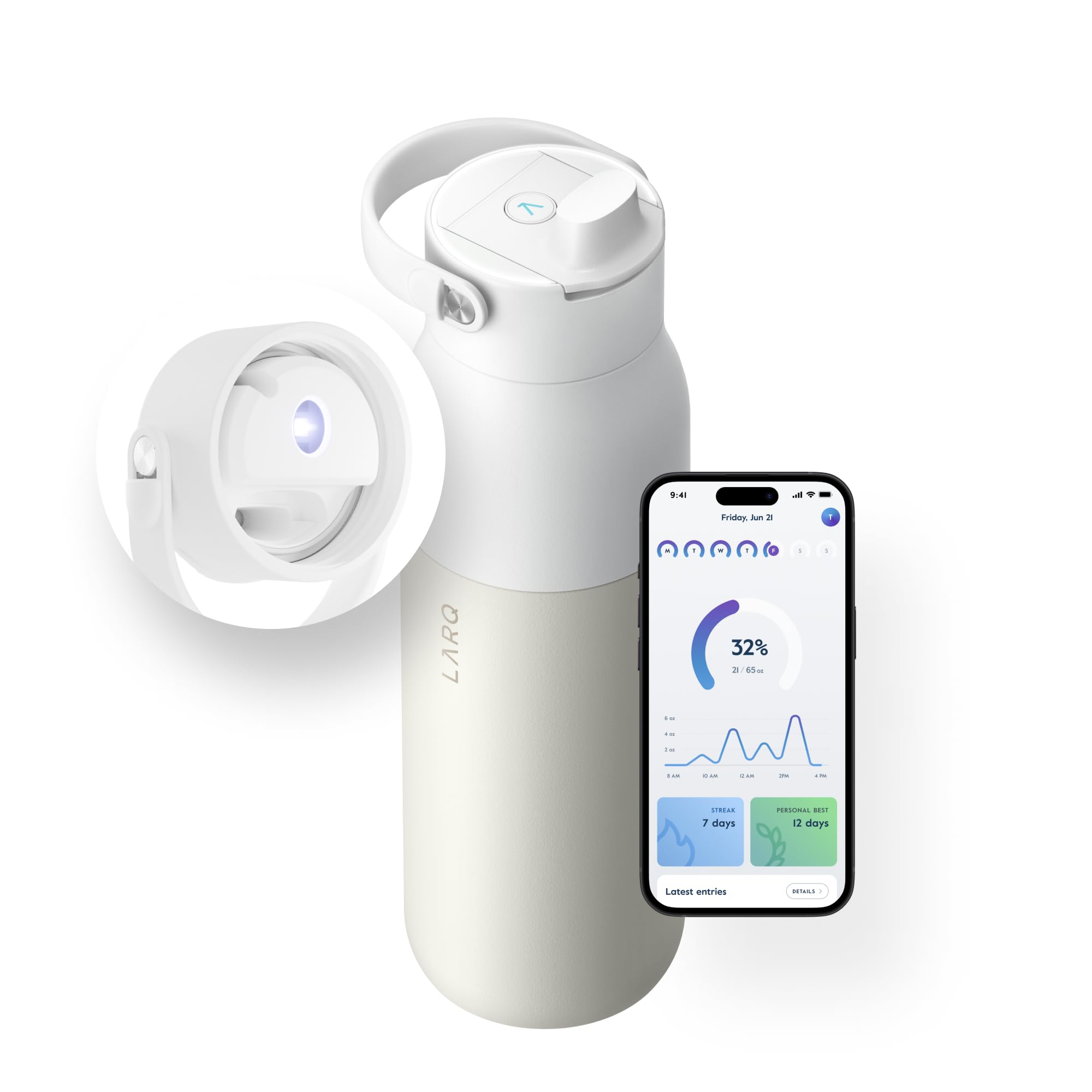 LARQ Bottle PureVis 2 34 oz - UV Water Purifier with Self-Cleaning, App Hydration Tracking, Filter Straw, Detachable Handle, Dou
