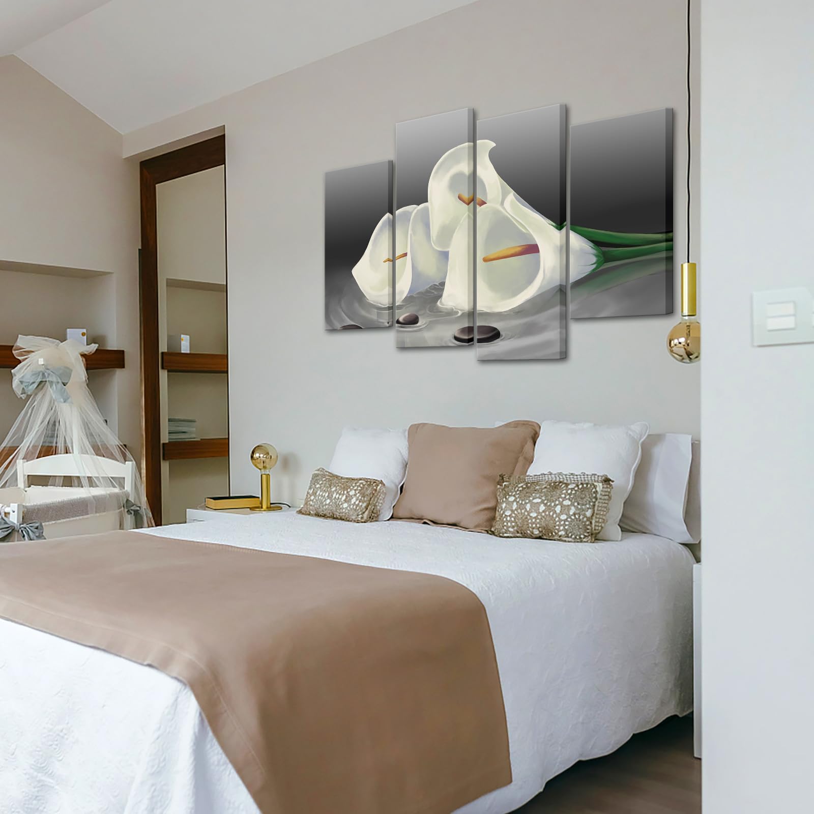 Ihappywall 4 Panel Lily Floral Wall Art White Calla Lily Gray Spa Pebbles Zen Stones Still Life Zen Flowers Picture Print For Sp