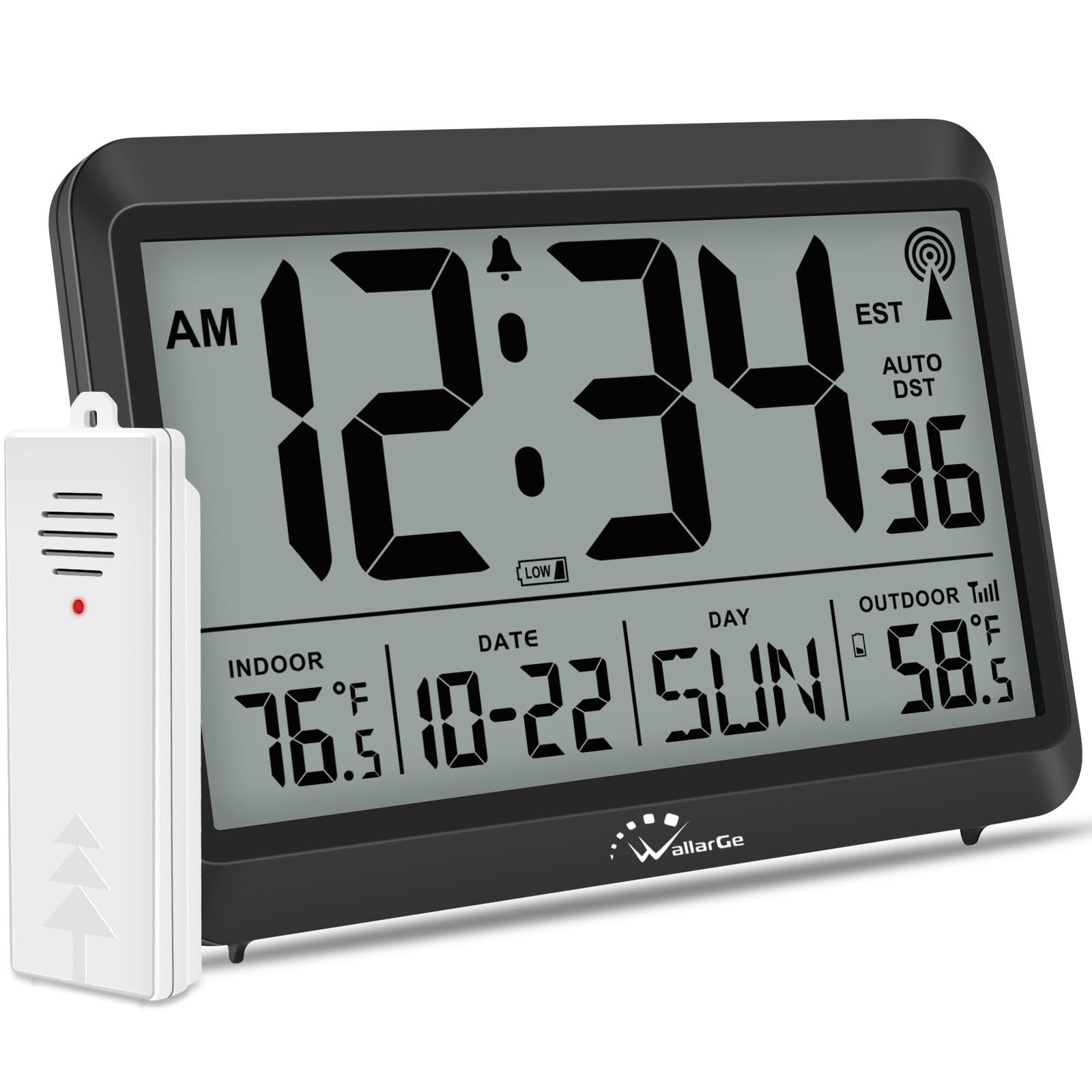 WallarGe Atomic Clock with Indoor Outdoor Temperature - 8.5 Digital Clock Battery Operated, Self-Setting, 4 Time Zones, DST