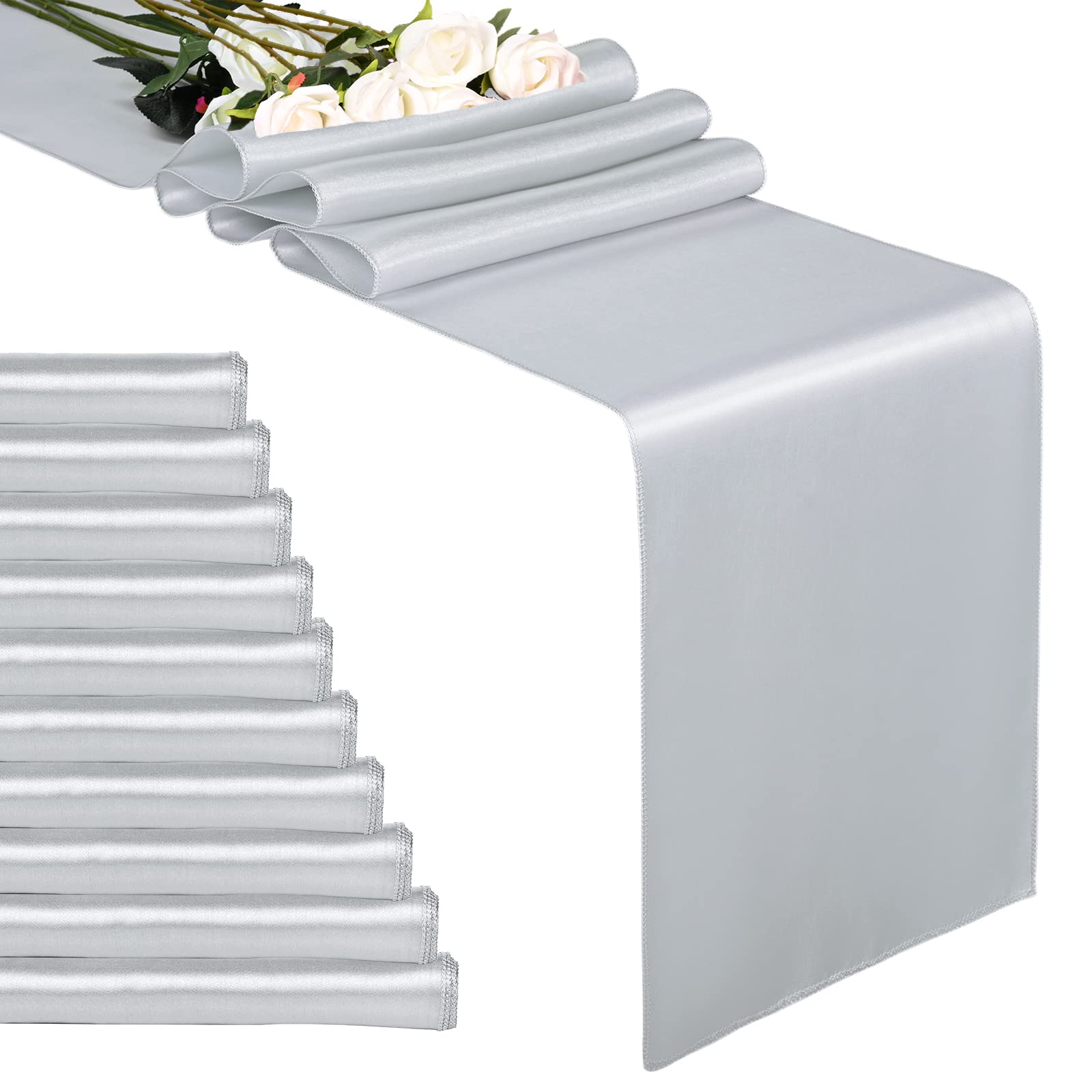 10-Pack Silver 12 X 108 Inches Long Premium Satin Table Runner For Wedding, Decorations For Birthday Parties, Banquets, Graduati