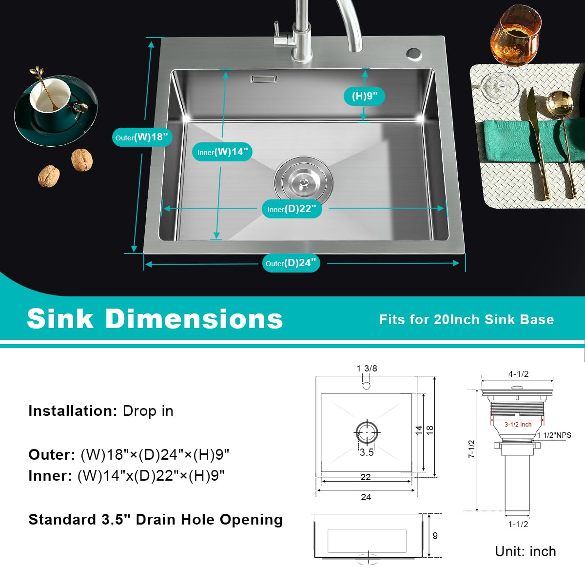 Tsibomu 24 Inch Kitchen Sink Drop-In, 18 Gauge Stainless Steel Single Bowl Single Faucet Hole Top Mount Workstation Sink, D24''X