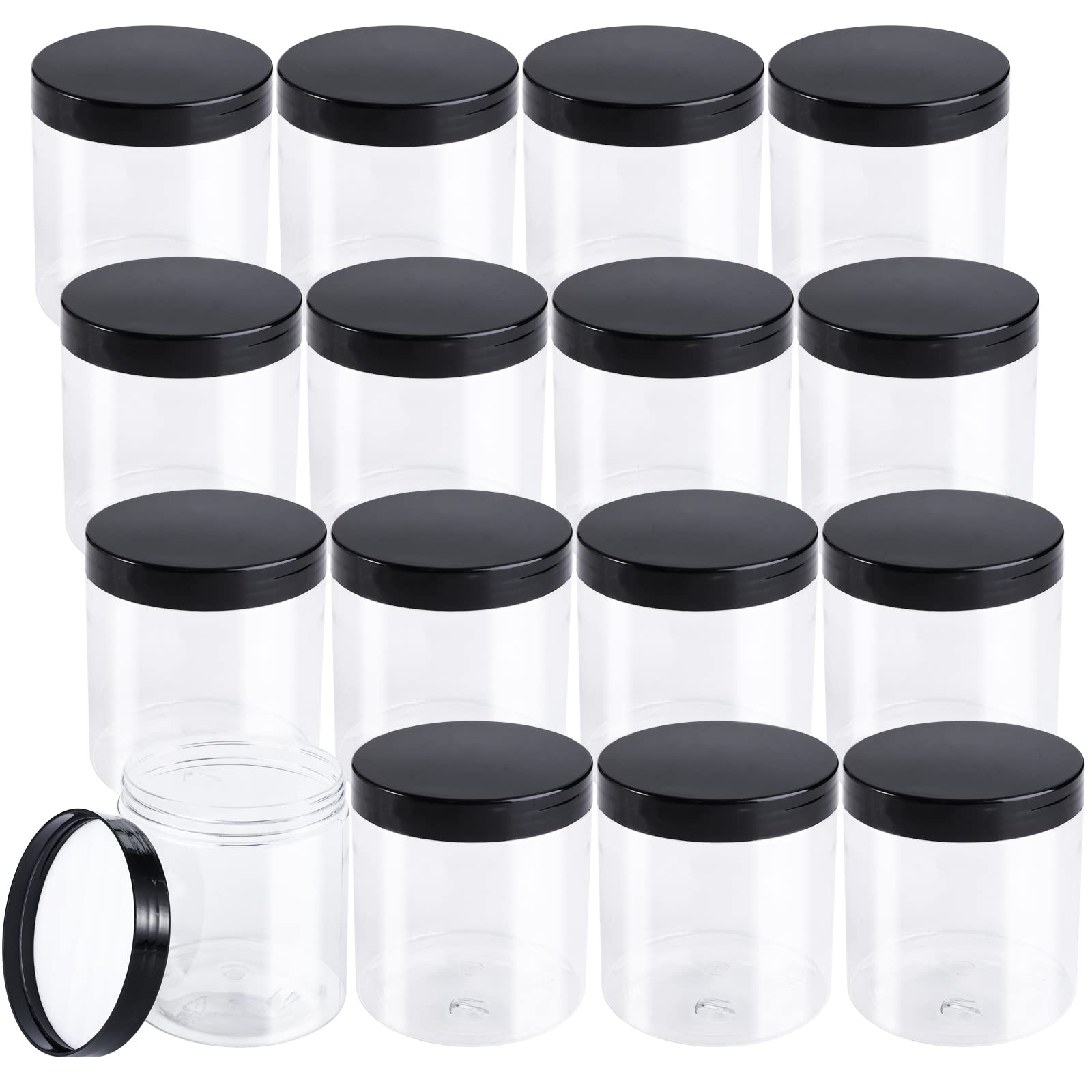 Tosnail 16 Pack 17 oz Clear Plastic Jars with Black Lids, Leak-Proof Round Food Safe Storage Containers for Kitchen Use, Beauty 