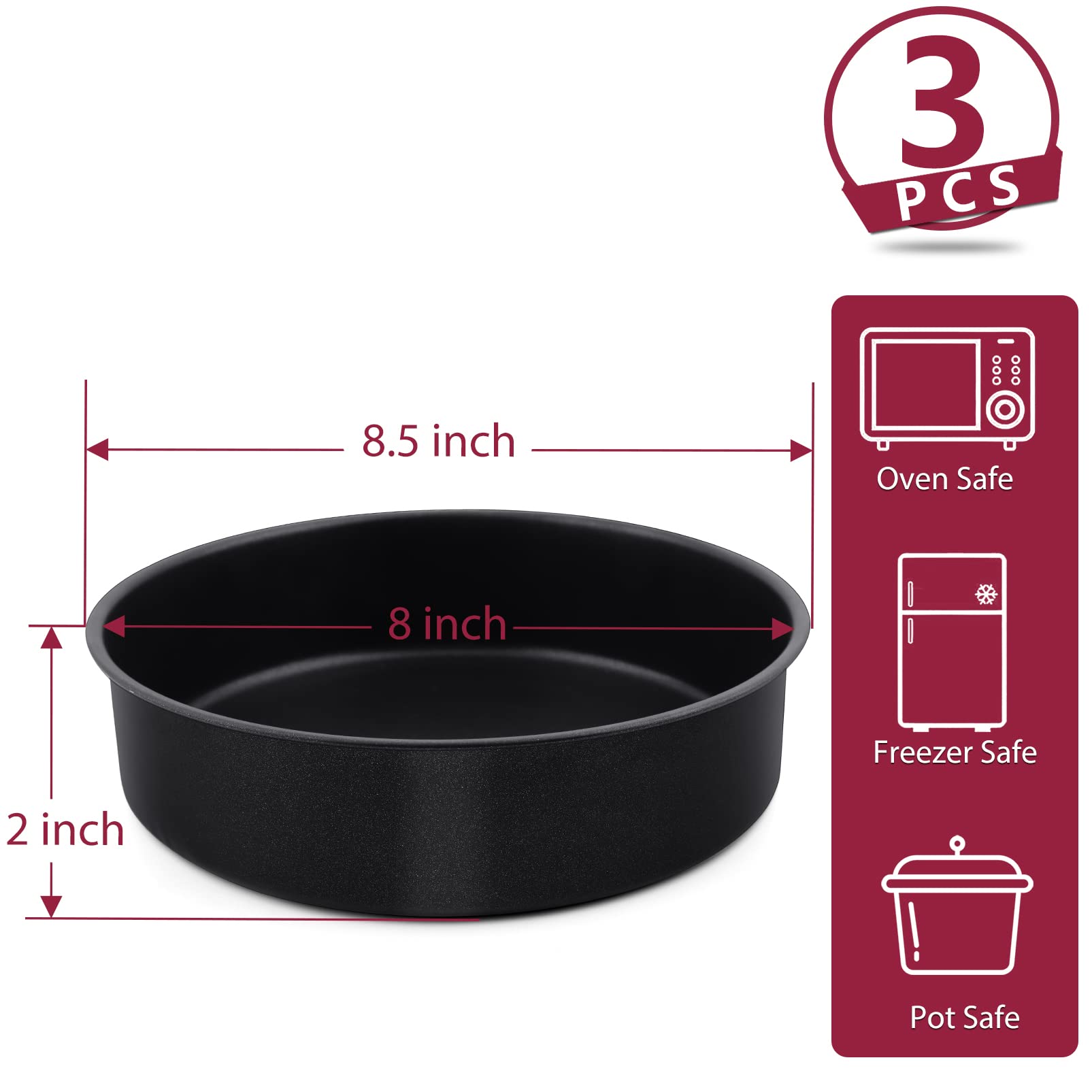 8 Inch Round Cake Pan Set, P&P Chef 3 Piece Non-Stick Cake Baking Pans For Birthday Wedding Layer Cakes, Stainless Steel Core &