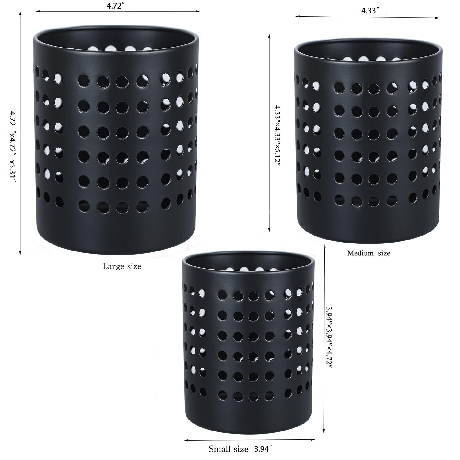 Ksendalo Round Black Metal Utensil Holder Set Of 3 - Caddy & Organizer For Drying Cooking Spoons, Spatulas, And Silverware - Ess