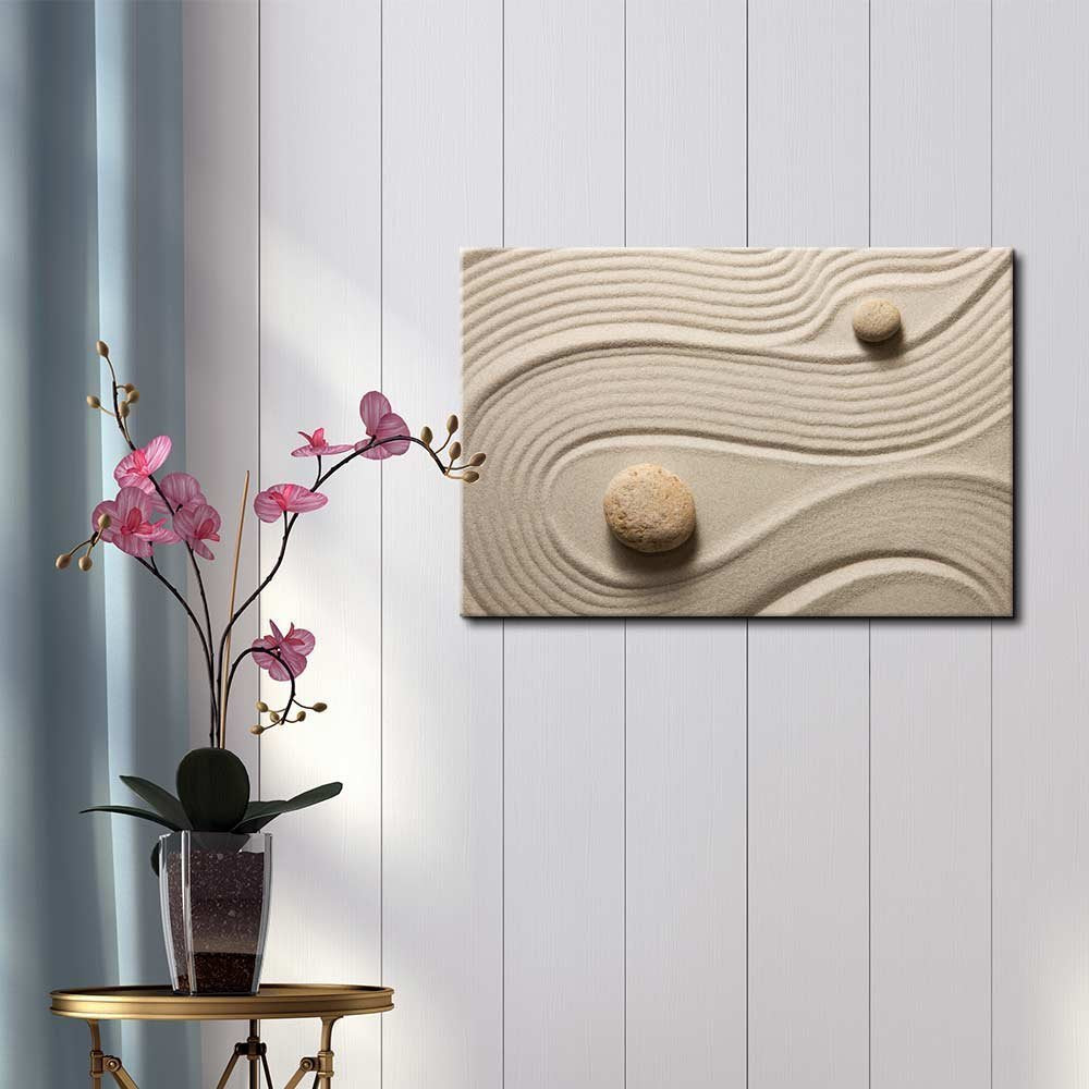 Wall26 - Two Stones In A Japanese Rock Garden From Above With A Raked Snaking Design - Canvas Art Home Art - 12X18 Inches