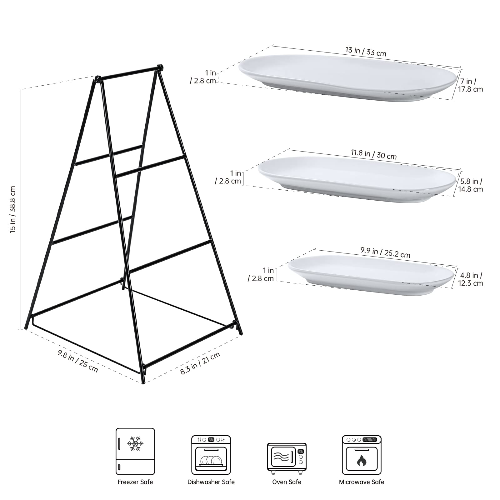 Unicasa 3 Tier Serving Tray - White Oval Serving Plate Dishes, Party Trays And Platters With Metal Rack For Cake, Snack, Fruit -