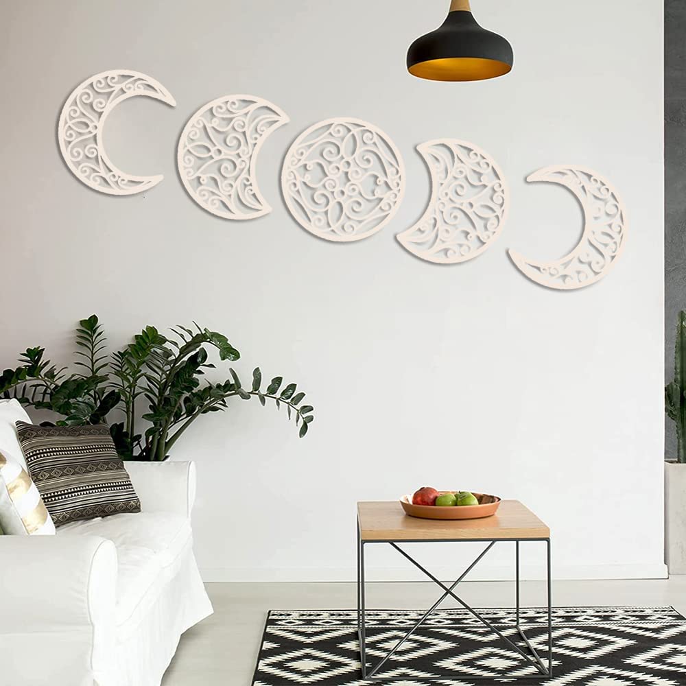 B DyBoHF Moon Decoration Wall Decoration  Moon Appearance Wall Art Decoration (5 Pieces) Nordic Wood Moon Appearance Natural Design Moon Interior  Boho Bedroom Decor Home Wall Decoration (Wood color)