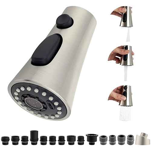 Kitchen Faucet Head Replacement  3-Function Kitchen Sink Faucet Parts with 12 Adapters  Pull Down Faucet Sprayer Nozzle Compatible with Delta  Kohler  American Standard  Moen faucets  Brushed Nickel