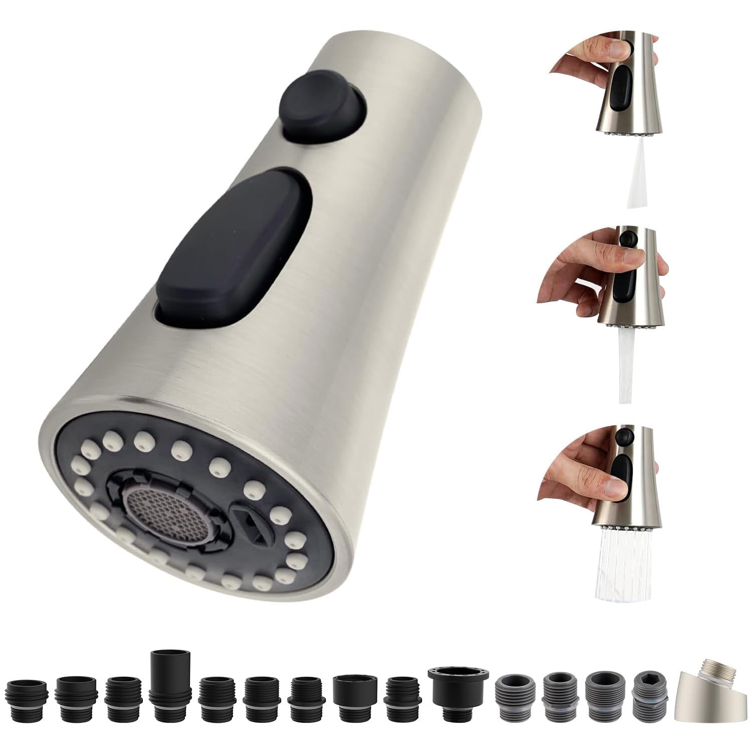 Kitchen Faucet Head Replacement  3-Function Kitchen Sink Faucet Parts with 12 Adapters  Pull Down Faucet Sprayer Nozzle Compatible with Delta  Kohler  American Standard  Moen faucets  Brushed Nickel