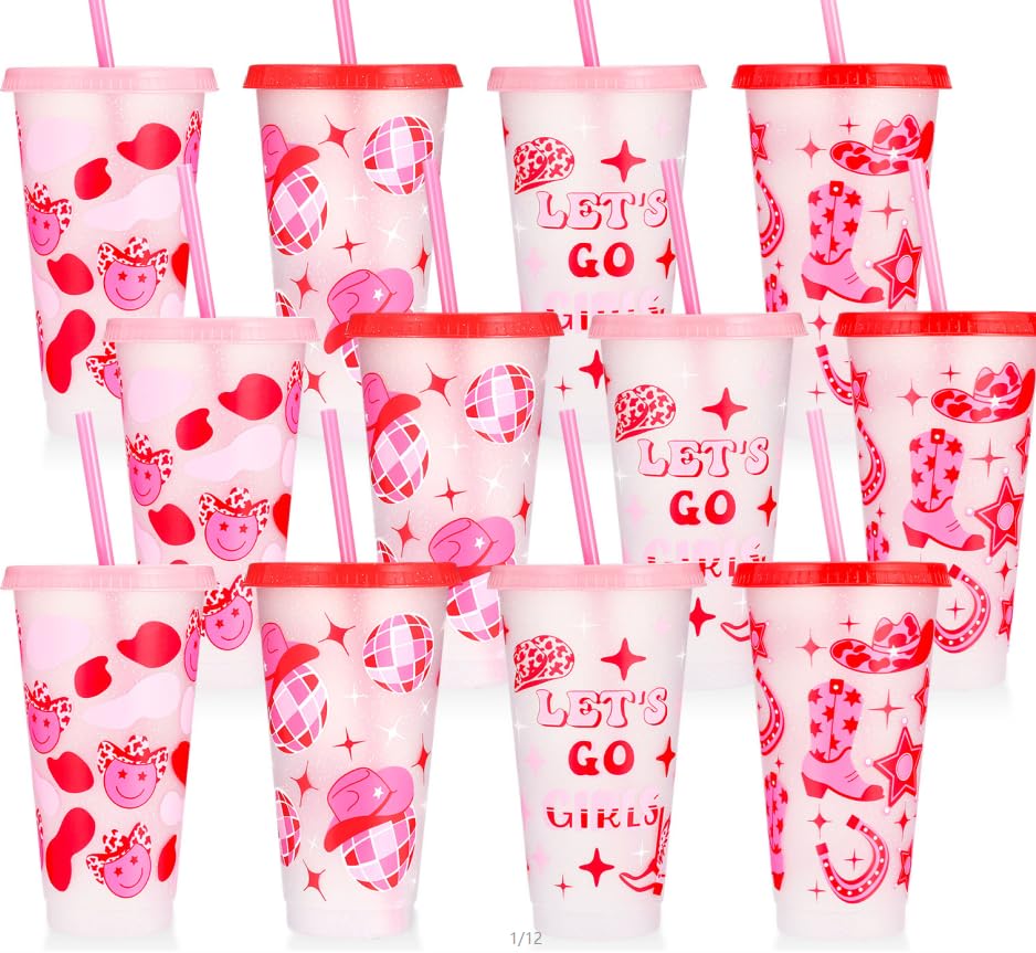 XLSXEXCL 12 Pcs Western Cowgirl Cups with Lids and Straws Glitter Tumbler 24 oz Cowgirl Party Favors Drinking Cups for Valentine