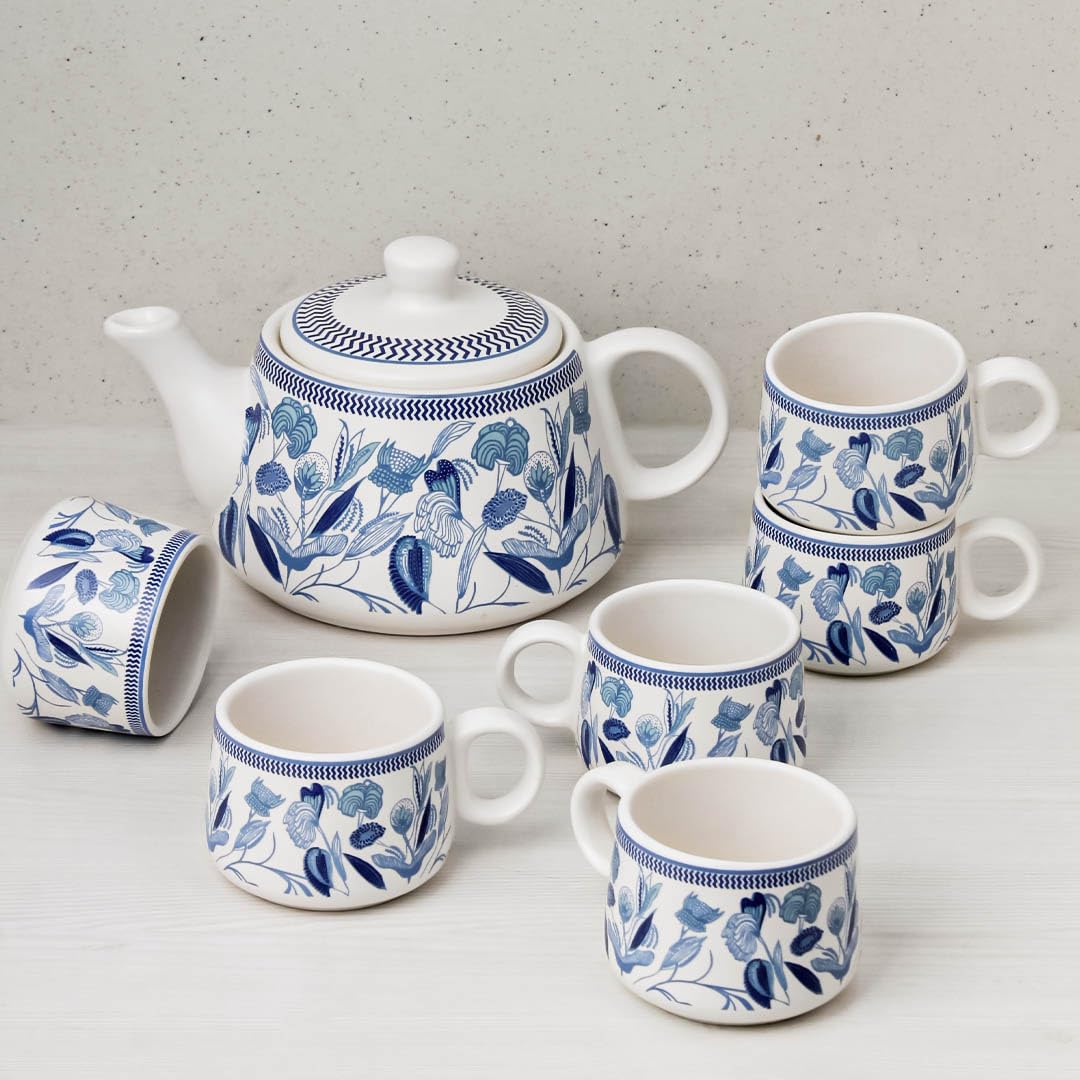 The Earth Store Blue Petals Handcrafted Ceramic Tea Set With Kettle 6 Tea Cups & 1 Kettle Microwave And Dishwasher Safe Teapot S
