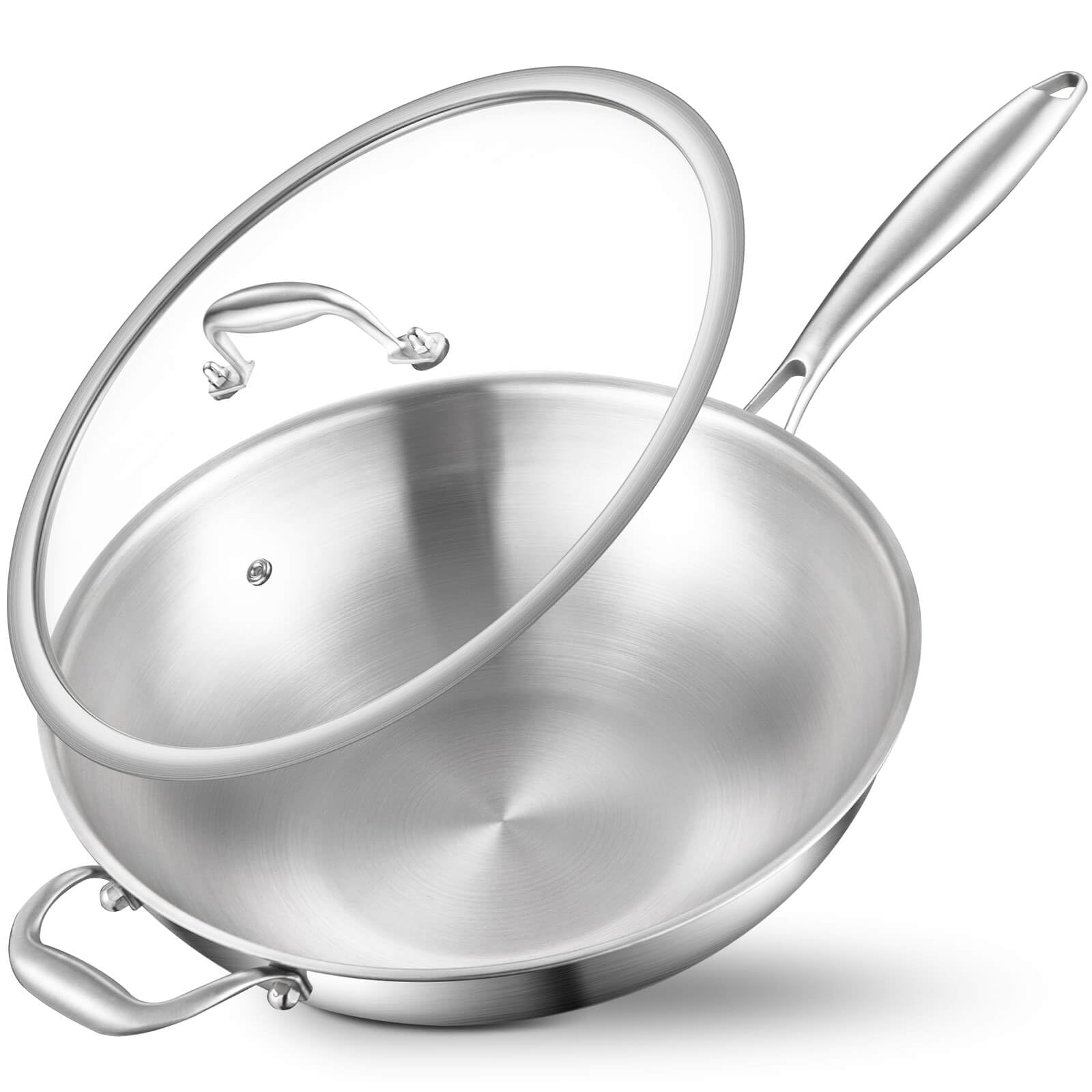 Delarlo Woks & Stir-Fry Pans, 13 In Stainless Steel Pan With Lid, With Side Ear, Large Cooking Surface, Tri-Ply Stainless Steel 