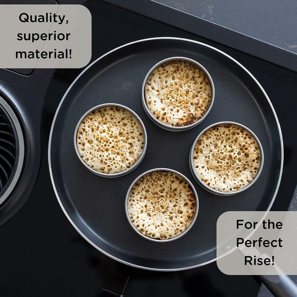 Wrenbury Crumpet Rings Nonstick 3.5'' - English Muffin Rings - Set Of 4 Round Crumpet Molds - Metal Baking Cooking Rings - No Le