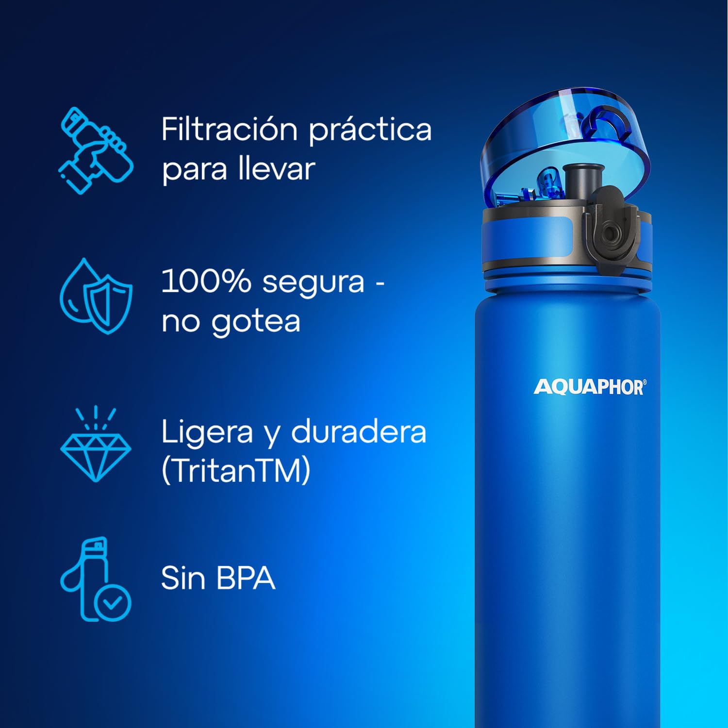 AQUAPHOR City Bottle 500ml Blue  Travel Water Bottle with Activated Carbon Filter  Filters Chlorine & Impurities  Made of Tritan & BPA-Free  Stay Hydrated On The Go!