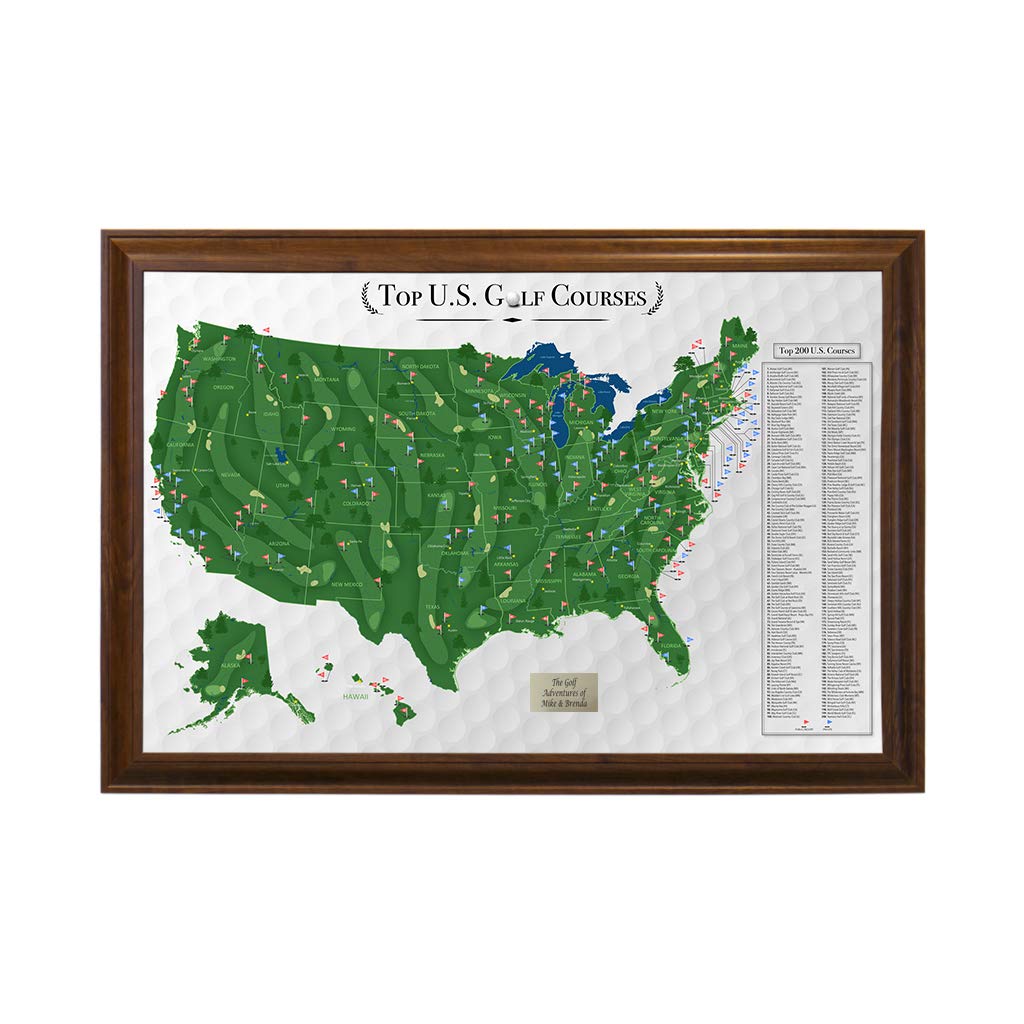 Personalized Top Golf Courses Usa Map - Brown Frame - 27.5 Inches X 39.5. Inches - Golf Course Map - Track Your Golfing Adventur