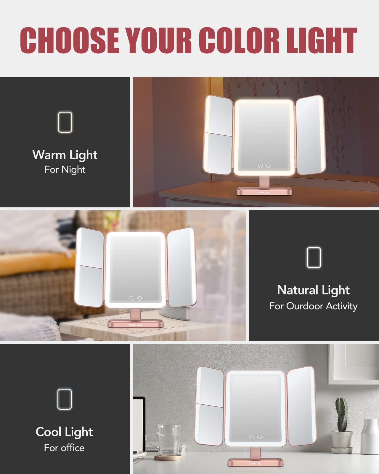 Easehold Rechargeable Vanity Mirror With Lights, 116 Leds Makeup Mirror, 3-Color Lighted Makeup Mirror, 2X/3X/10X Magnification,