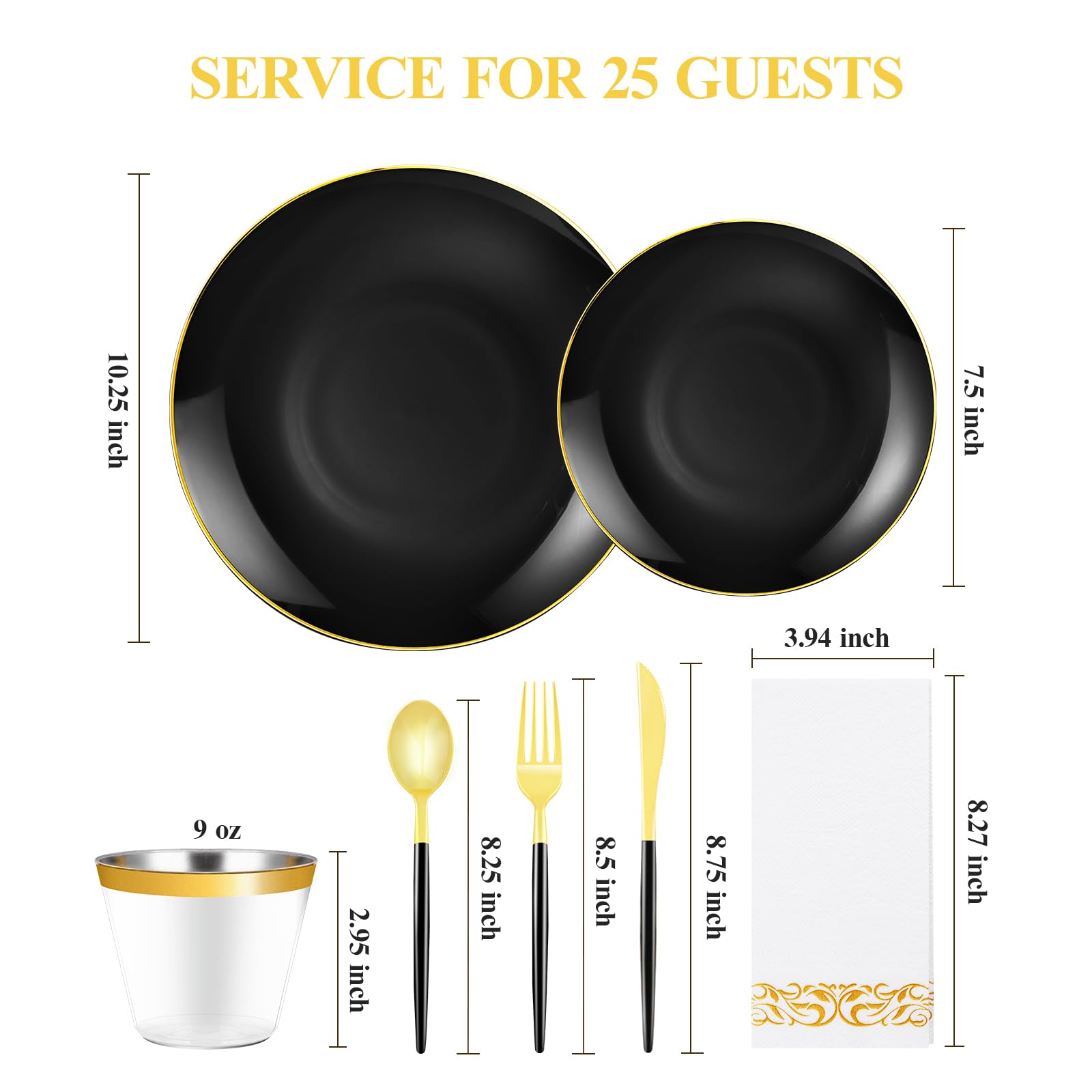 175 Pieces Black Gold Plastic Dinnerware Set, Black And Gold Disposable Plates For Party, Include 50 Black Plates With Plastic C
