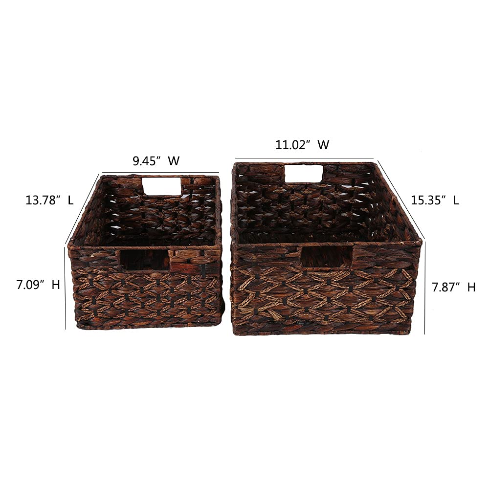 Rectangular Woven Water Hyacinth Basket,Dark Storage Basket With Inside Handle Shelves Kitchen Office Desk (Set Of 2)