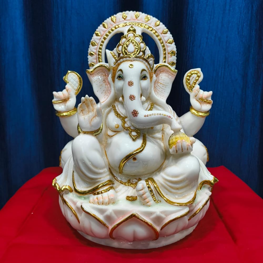 Om Fine Arts. Lord Ganesha Statue, White And Gold, 30.5 Cm Decorative Marble Finish Idol On Lotus Base, Ganesh Ji Marble Dust Mu
