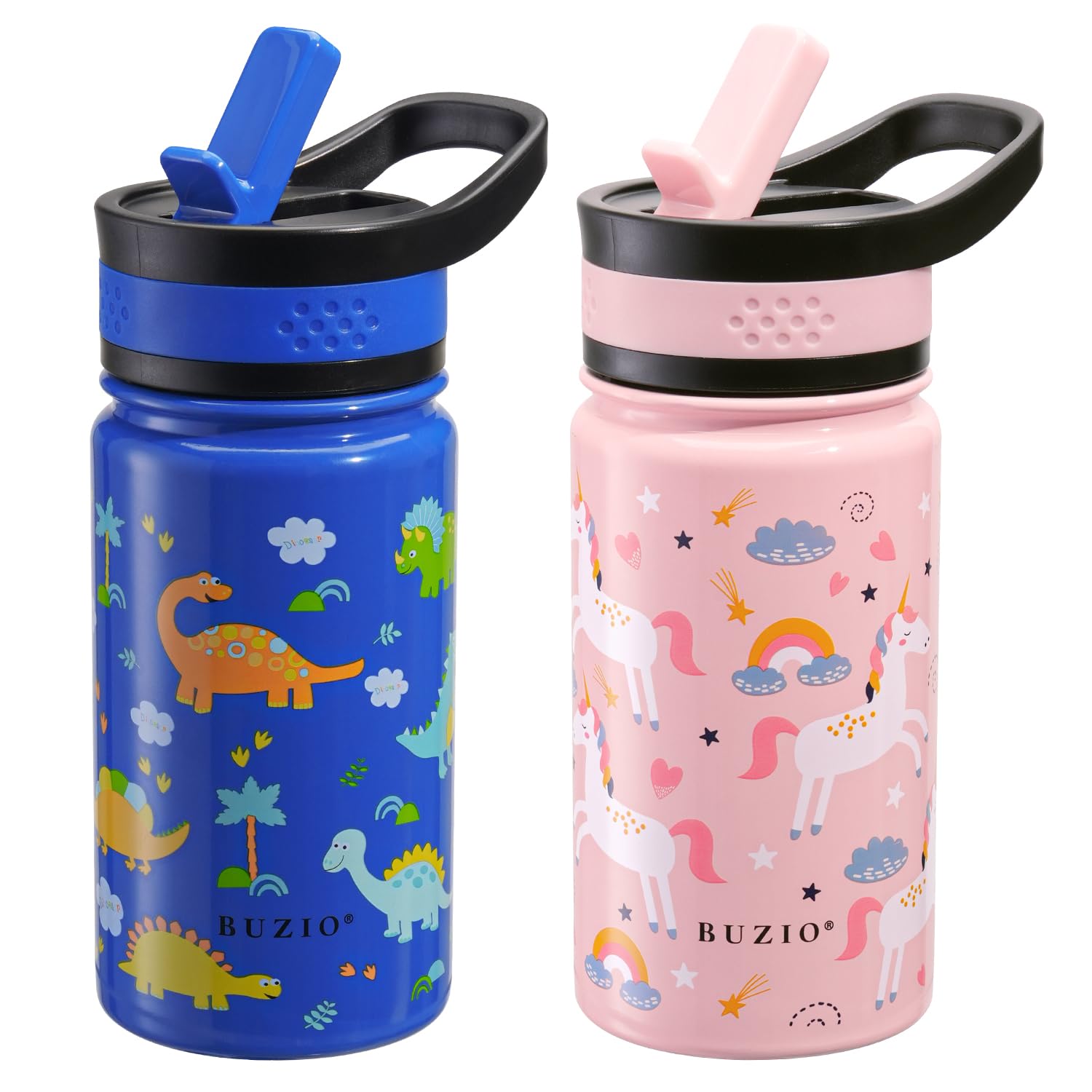 2-Pack Kids Water Bottle, Buzio 14 Oz Toddler Stainless Steel Insulated Water Bottles With Tritan Straw Lid, Leak Proof Bpa-Free