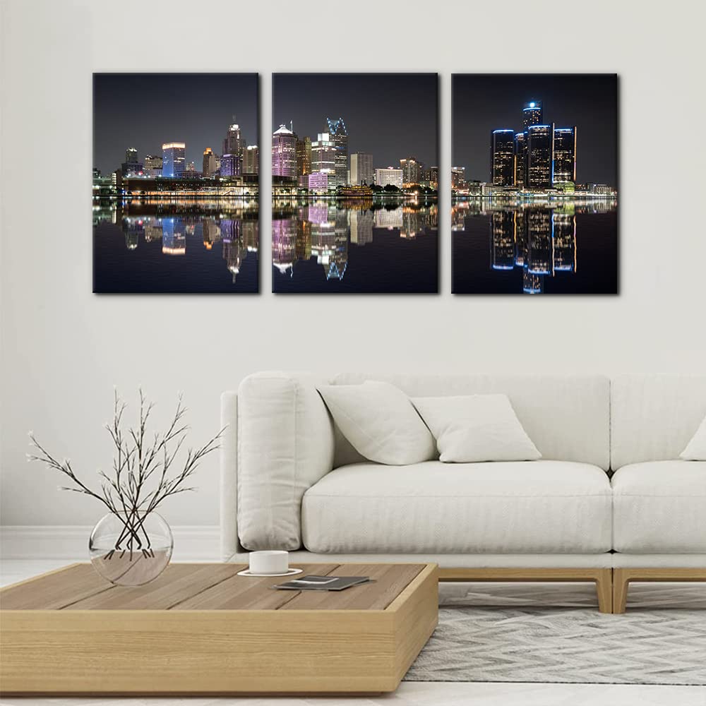 3 Pieces Panoramic Detroit Cityscape Picture Black And White Michigan Night Skyline Canvas Art Prints Wall Decoration For Bedroo