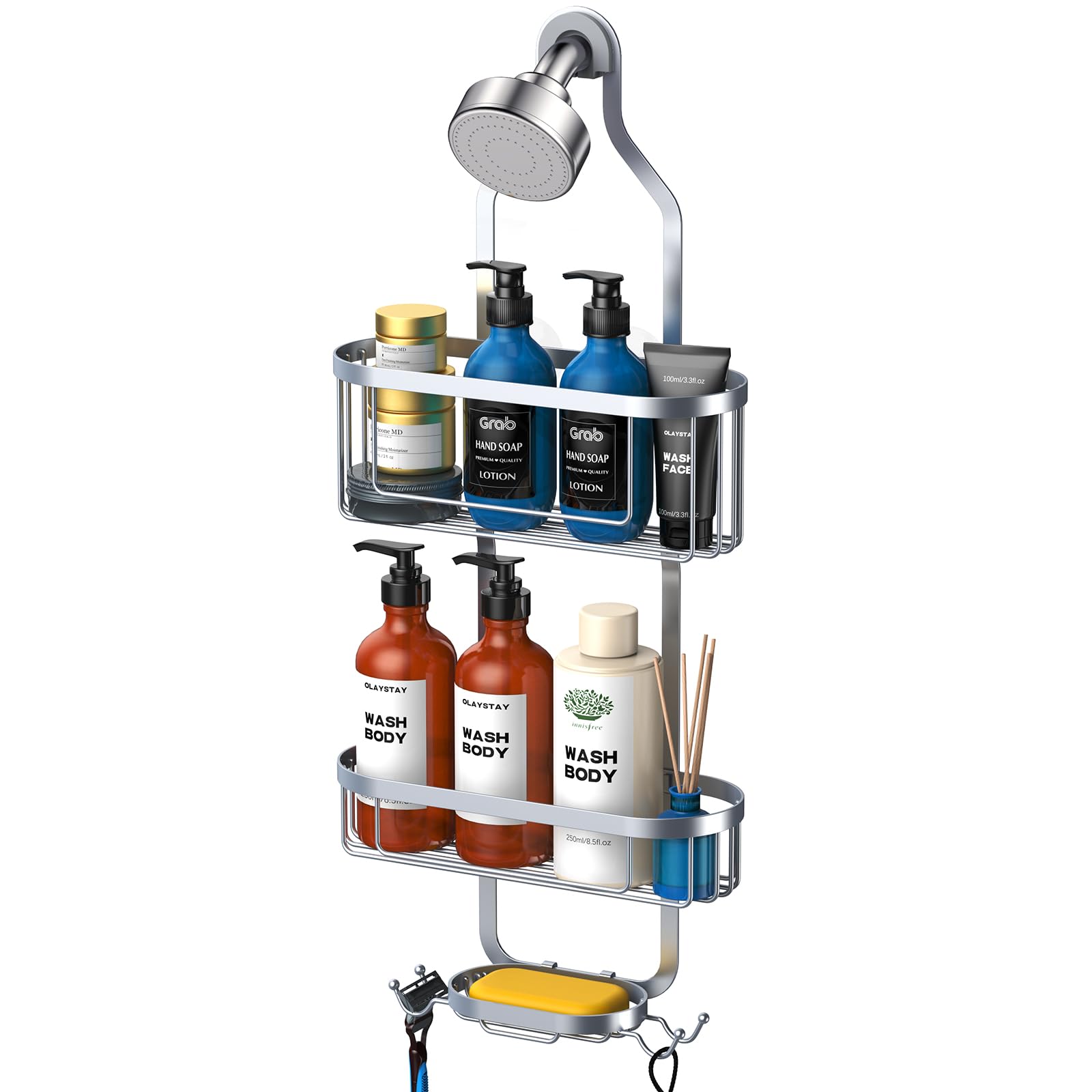 Kadolina Bathroom Hanging Shower Organizer, Over Head Shower Caddy Shower Storage Rack Basket With Hooks For Razor And Sponge Ru