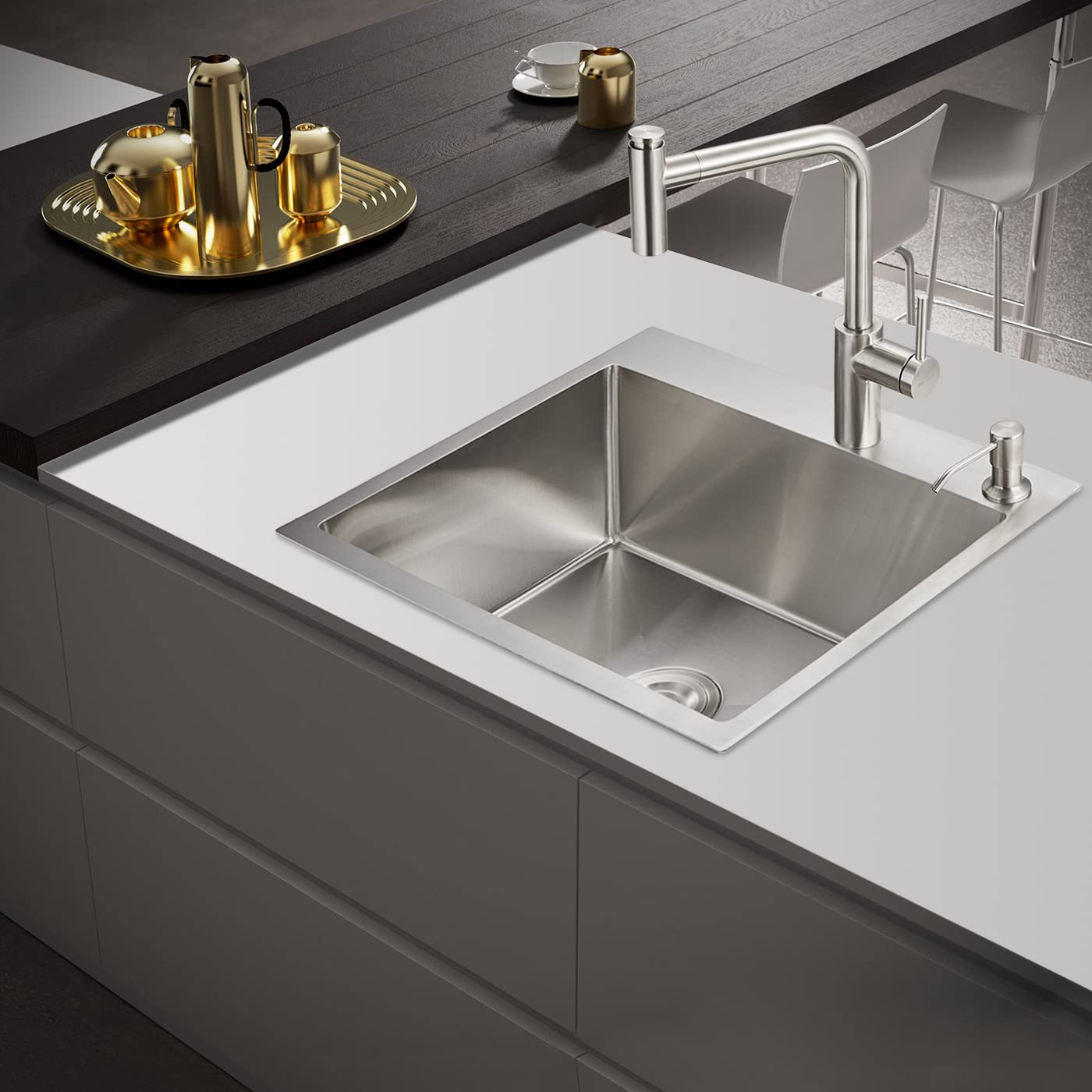 Popfly 24  18 Inch Drop In Kitchen Sink, Topmount Handmade Single Bowl 18 Gauge 304 Stainless Steel Overmount Kitchen Sinks, Bru