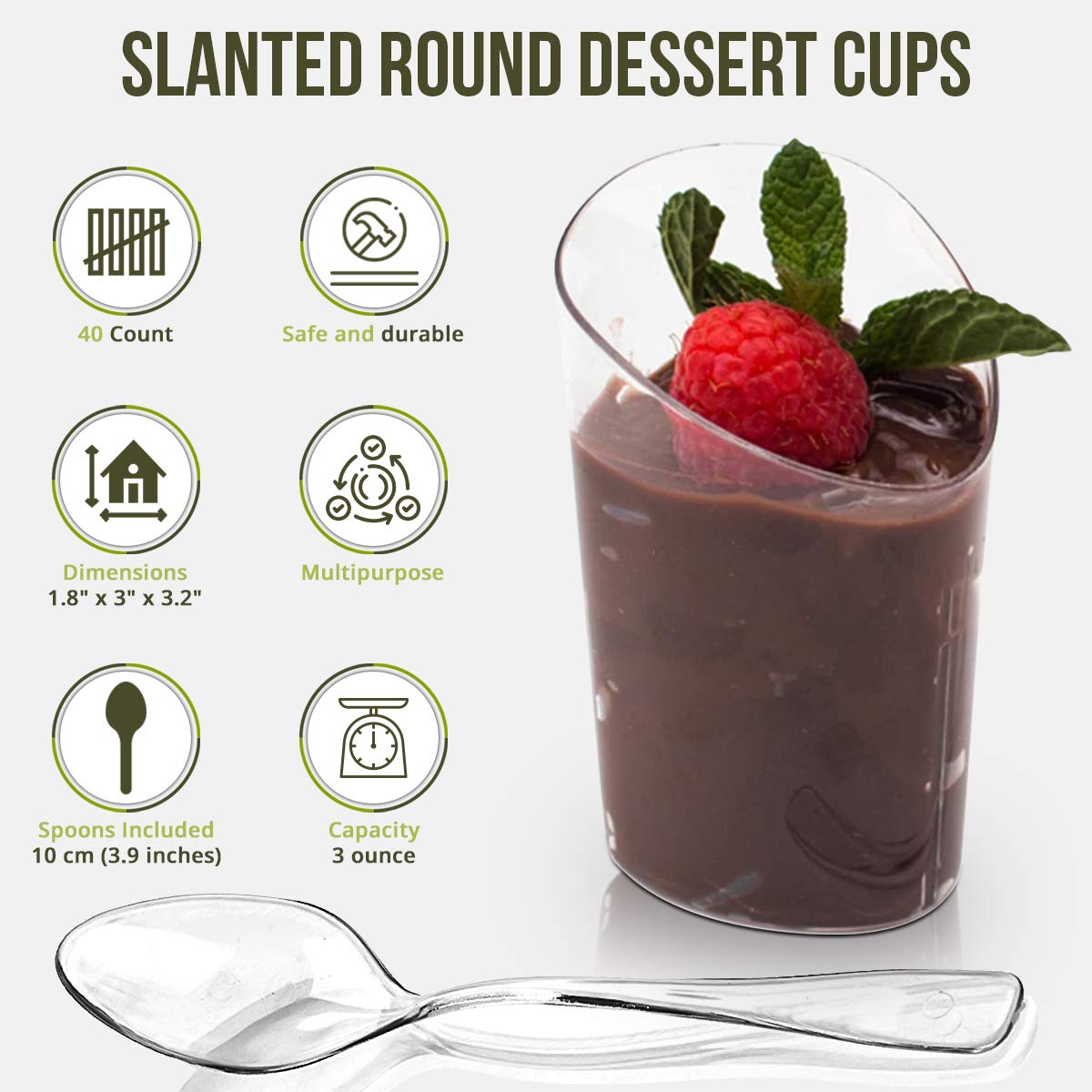 Open Cut Slanted Round Dessert Cups - 3 Ounce - 40 Count - Spoons Included - Clear Plastic - Slanted Cylinder Mini Dessert Cup -