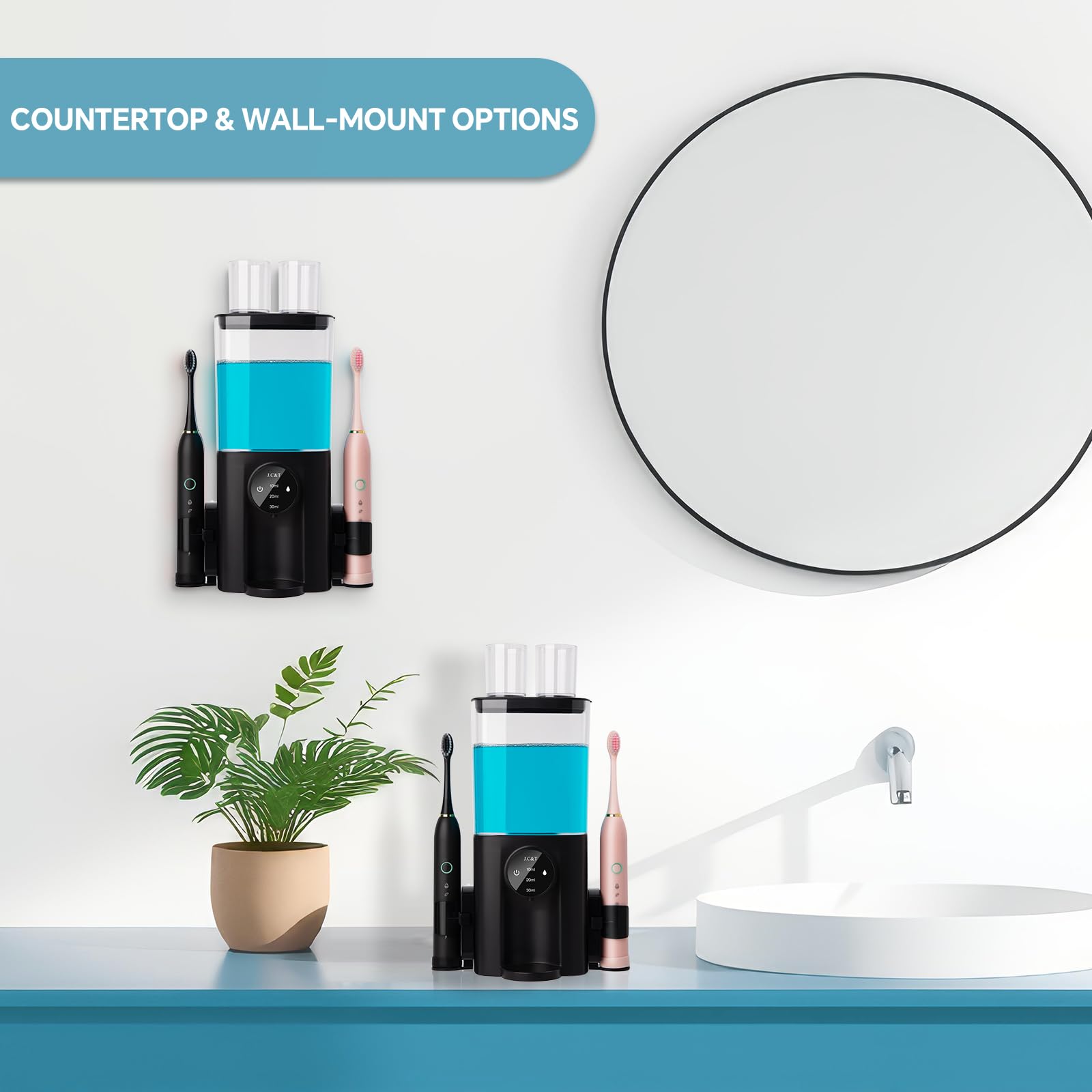 J.C&T Mouthwash Dispenser For Bathroom, 650Ml(21.98 Fl Oz) Smart Mouthwash Dispensers Toothbrush Holders Wall Mounted,Wall Mount