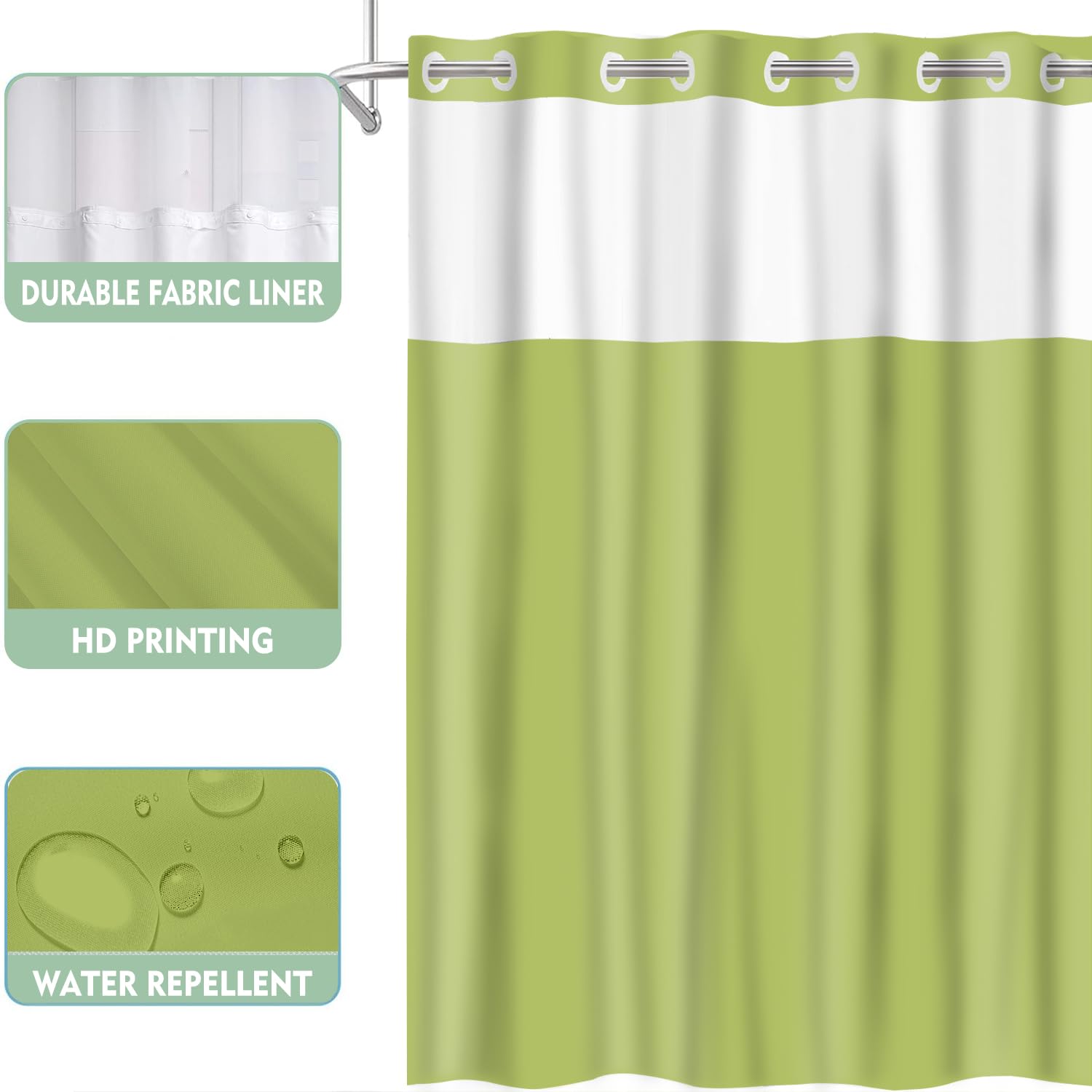 Lylycty Green No Hook Shower Curtain With Snap In Liner Set,Modern Fabric Shower Curtains For Bathroom Hotel Style Decor 71X74