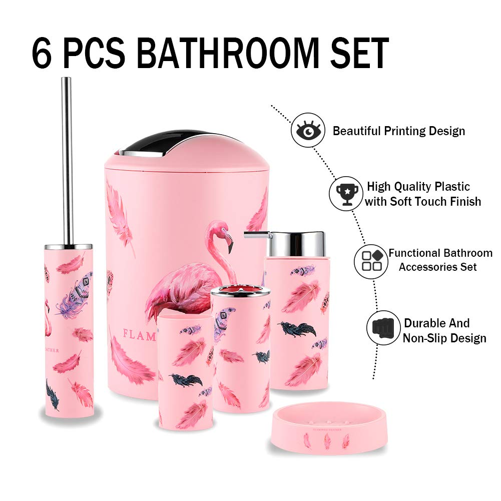 JOTOM 6 Pieces Bathroom Accessories Set Plastic Bathroom Accessories Toothbrush Holder Cup Soap Dish Hand Sanitizer Bottle Trash Can Toilet Brush (Flamingo)