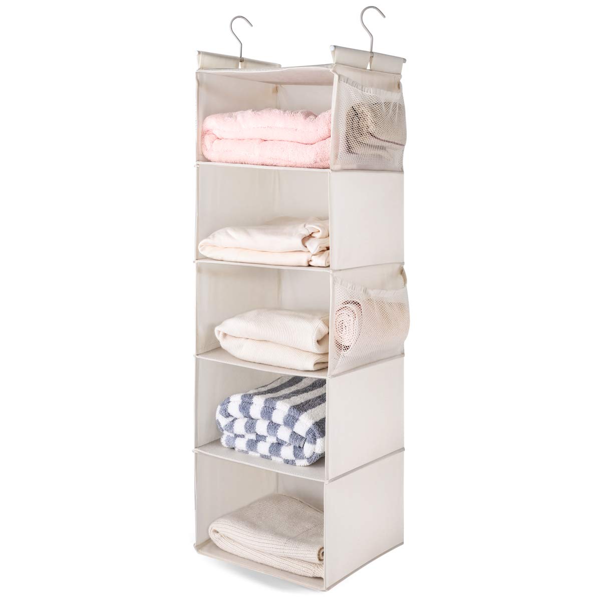 Max Houser 5 Shelf Hanging Closet Organizer, Space Saver, Cloth Hanging Shelves With 4 Side Pockets, Foldable, Beige