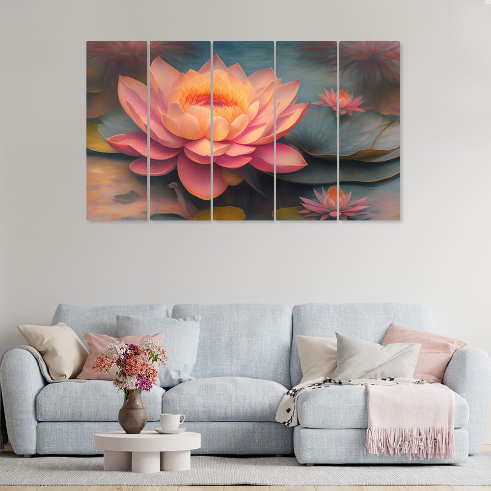 Dekorstation Pink Lotus Flower Leaves Wall Painting For Home,Wall Decorative Painting Multiple Frames Wall Paintings | Set Of -5