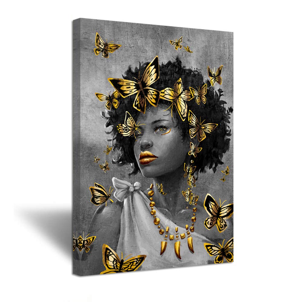 Ihappywall Large African American Woman Wall Art Black And Gold Pretty Lady Butterfly Abstract Artwork For Girl Room Bedroom Liv
