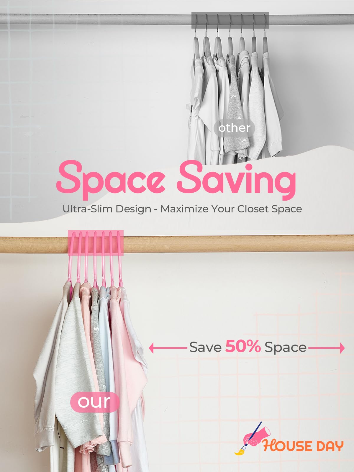 House Day Premium Baby Hangers 60 Pack, 11 Inch Kids Plastic Hangers Pink, Slim Childrens Hangers For Infant, Toddler, And Child