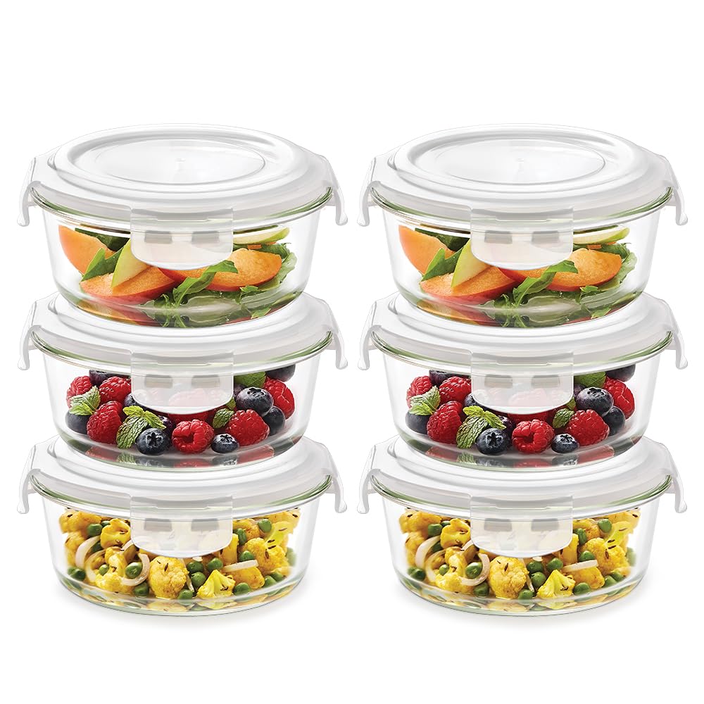 Borosil Klip N Store (950Ml X 6) Round Glass Food Storage Container Set With Air Tight Lid | Borosilicate Glass Container For Lu