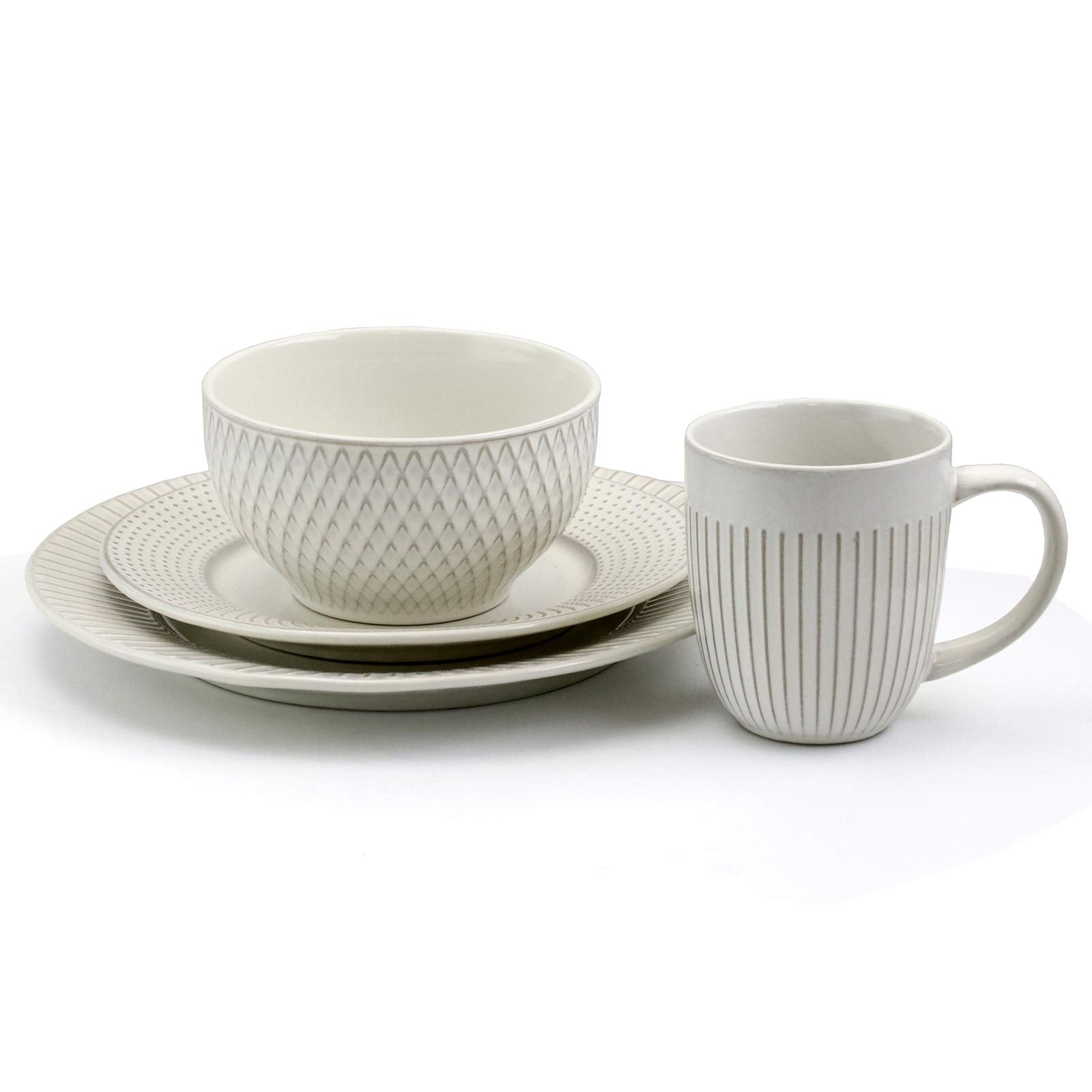 Elama 16-Piece Round Embossed Stoneware Dinnerware Set, White - Contemporary Design