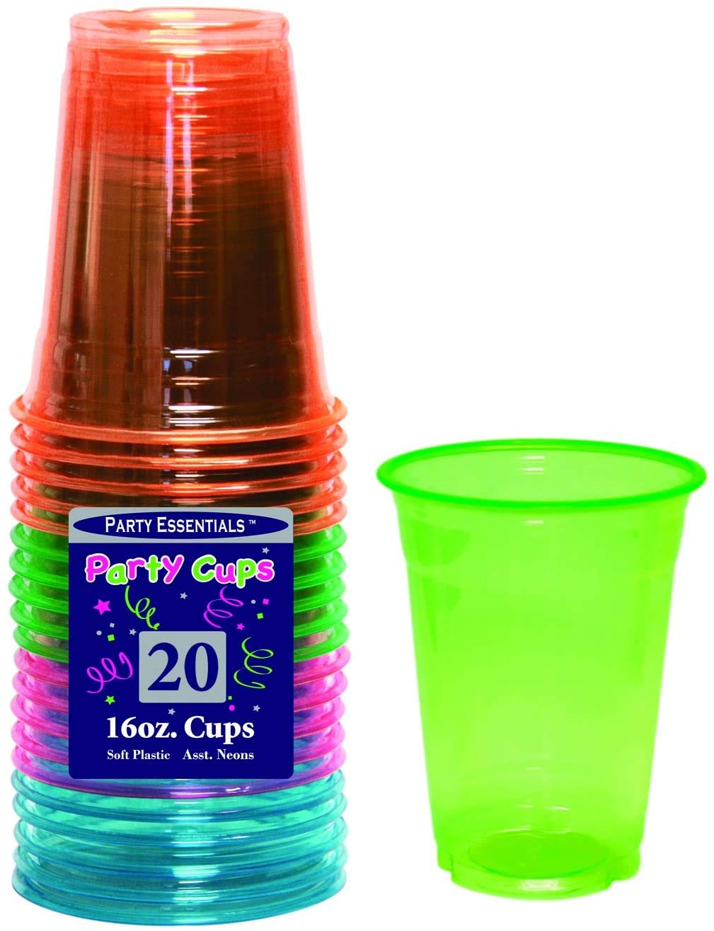 Party Essentials Soft Plastic 16-Ounce Party Cups/Pint Glasses  20-Count  Assorted Neon