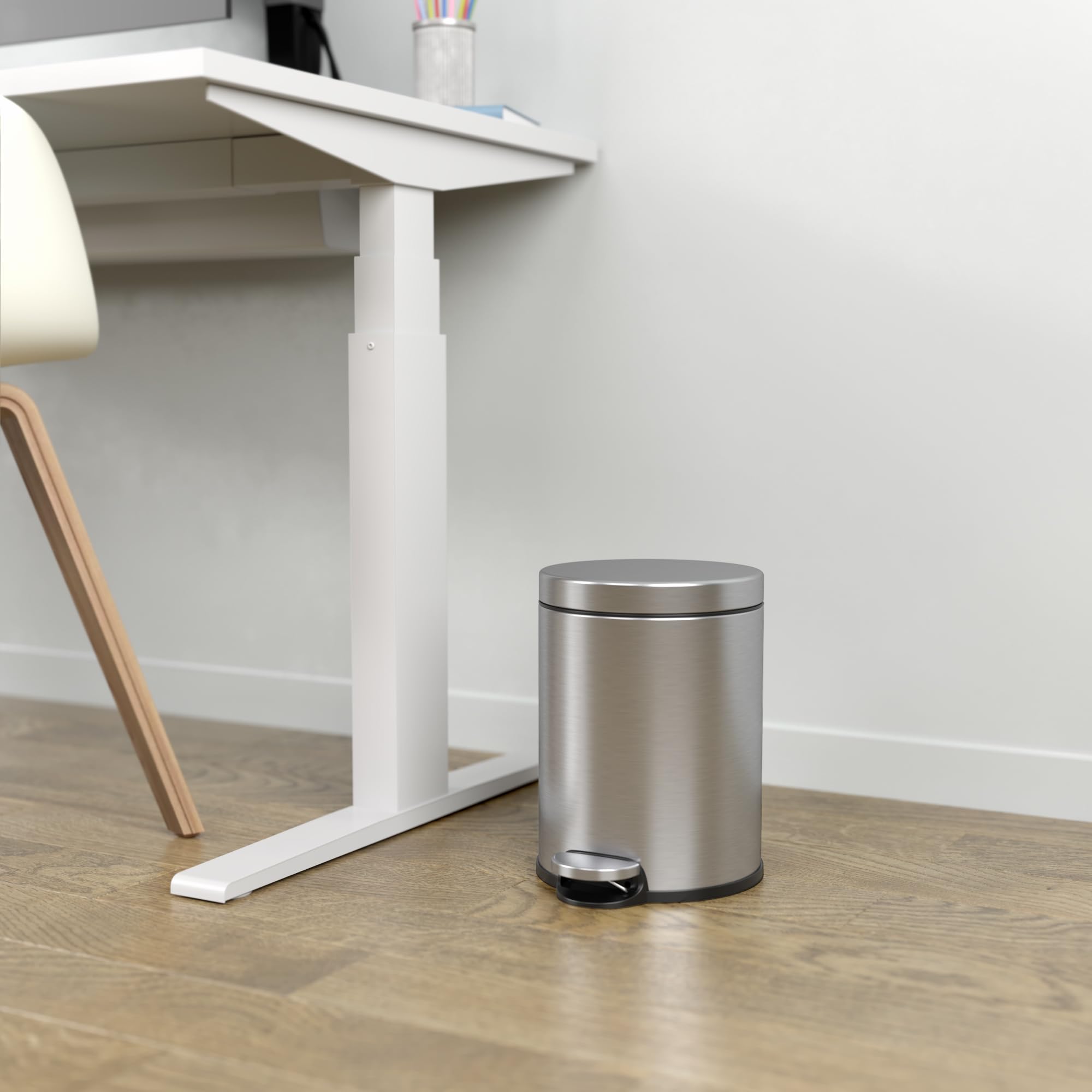 iTouchless SoftStep 1.3 Gallon Small Round Bathroom Step Trash Can with Removable Inner Bucket and AbsorbX Odor Filter  Stainless Steel  5 Liter Pedal Garbage Bin for Bedroom  Office Cubicle