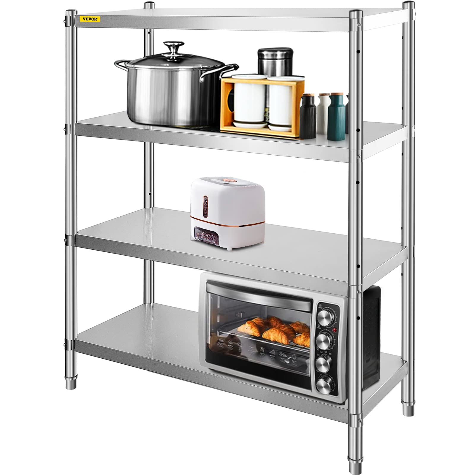 VEVOR Stainless Steel Shelving 46.8x18.5 Inch 4 Tier Adjustable Shelf Storage Unit Stainless Steel Heavy Duty Shelving for Kitch