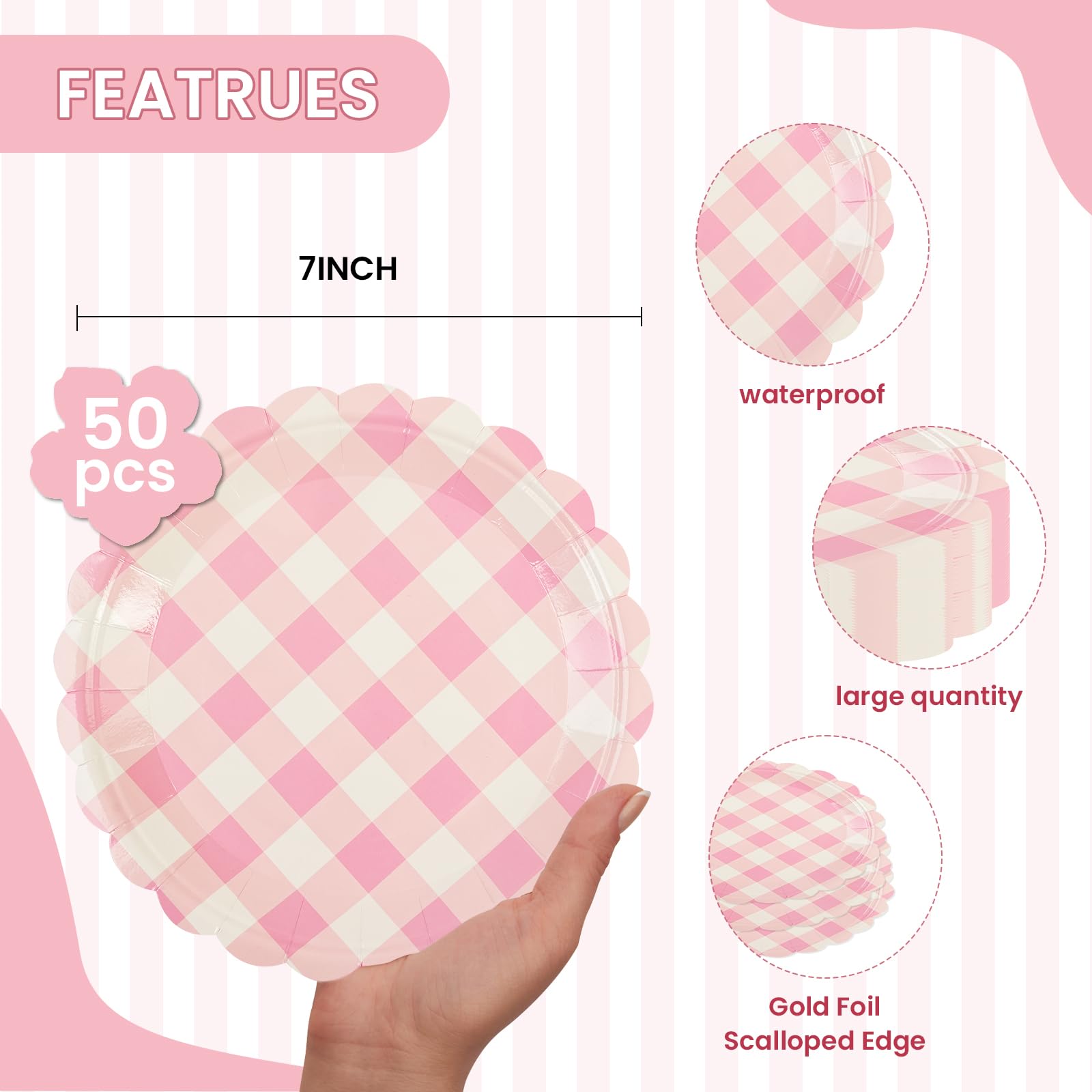 50Pcs Light Pink Scalloped Paper Plates - 7Inch Striped Dessert Plates For Cake Salad Fruit Disposable Decorative Dinner Dessert