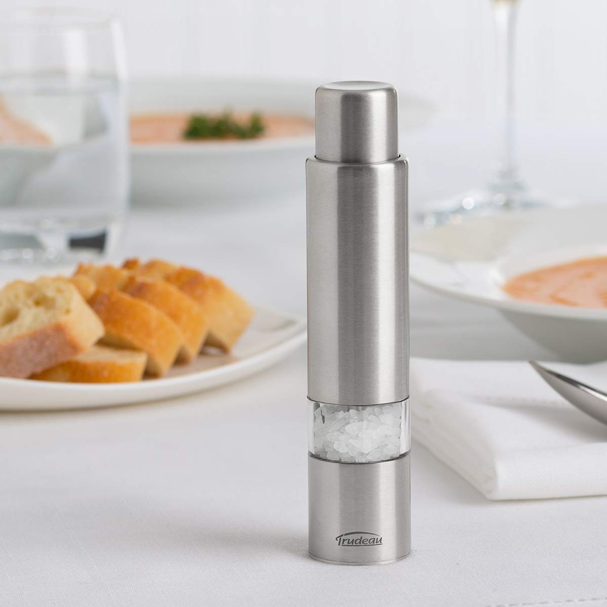 Trudeau Stainless Steel One-Hand Thumb Mill Salt Grinder, 6", Silver - Model 0713018