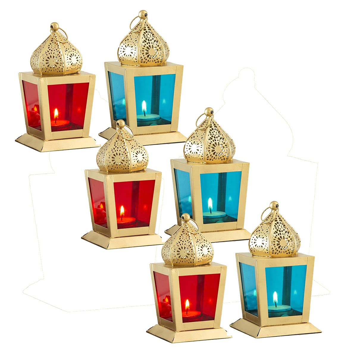 Imrab Creations Decorative Sweetheart Square Hanging Lantern | Laltern | Laltain Lamp with Tealight Candle Holder (Red&SkyBlue, 